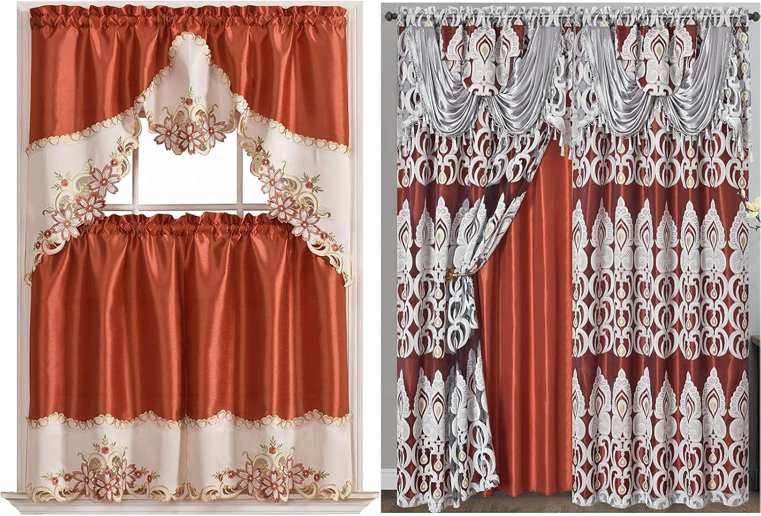 GOHD Arch Floral Kitchen Curtains Rust, Peacock Pride