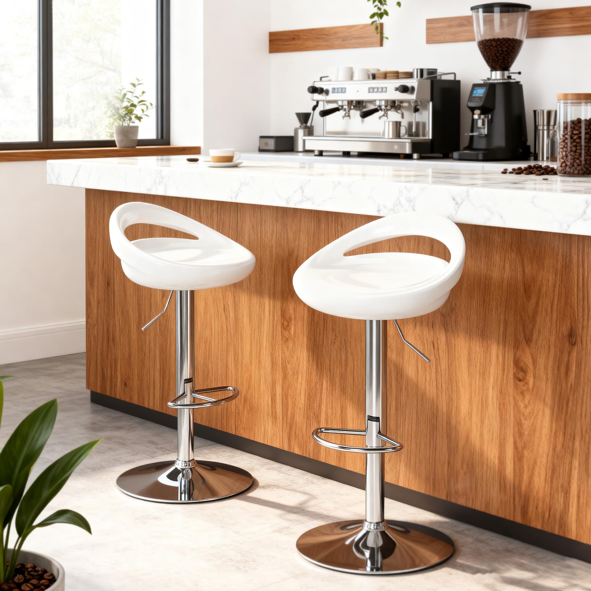 HOMCOM Set 2 Sgabelli da Bar Alti, Sgabelli Girevoli a 360°, con Schienale e Poggiapiedi, Altezza Regolabile, Base in Acciaio, per Sala da Pranzo e Cucina, 46x41x76-96cm, Bianco