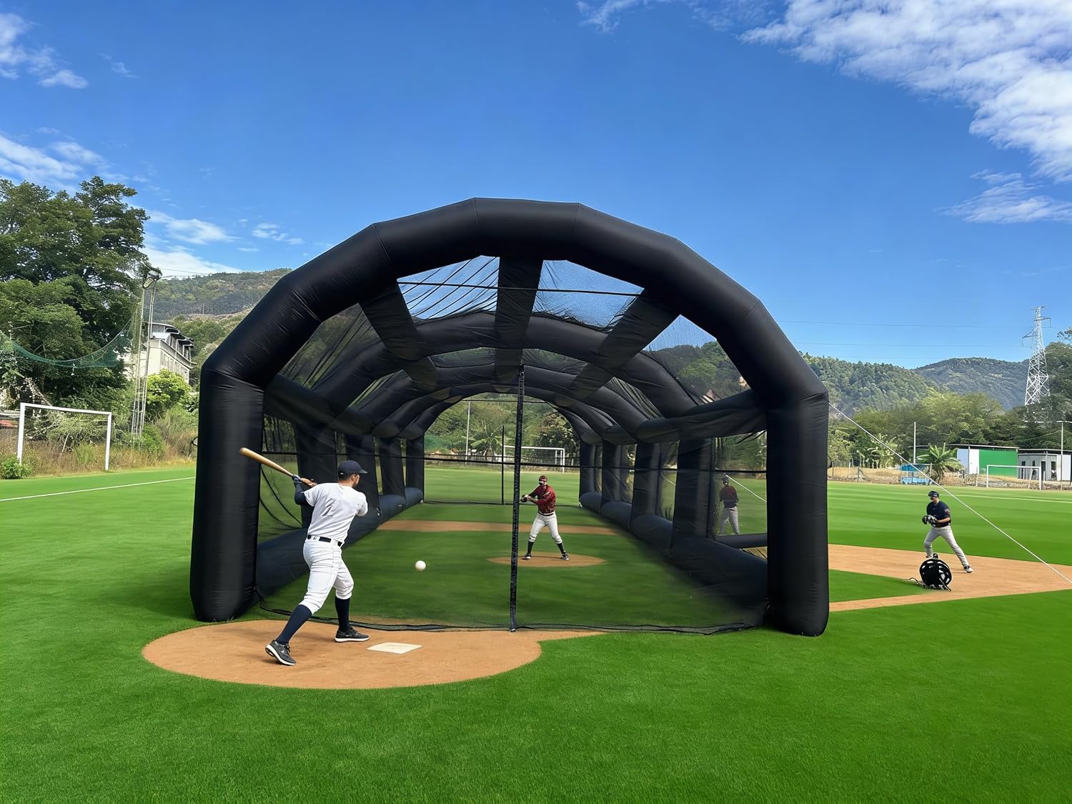 Inflatable Tennis Tent Baseball Cage Football Court Cage Inflatable Baseball Field Softball Batting & Pitching Cage with Blower (Black, 48ft L×16ft W ×11.5ft H)