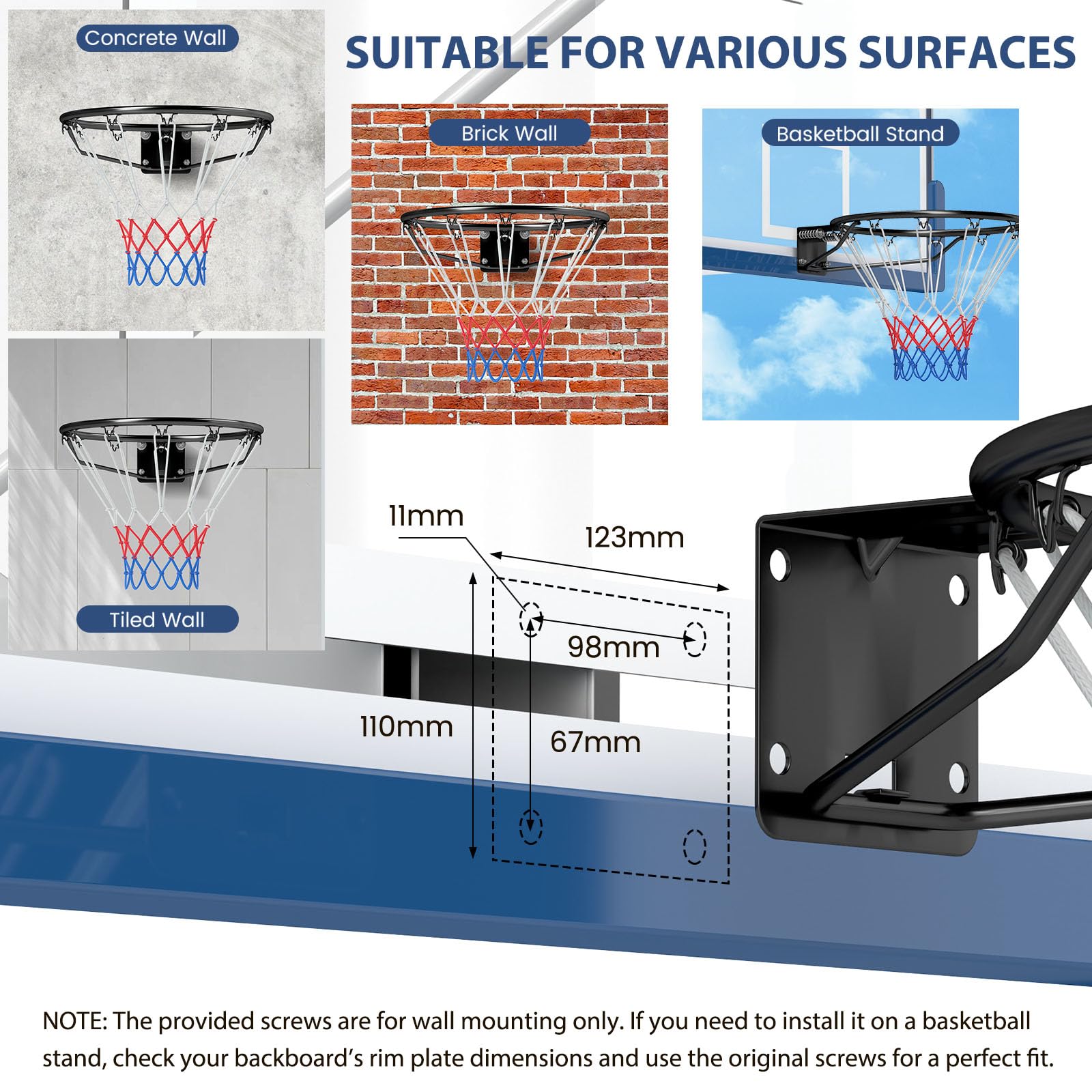 LIFEZEAL Canestro da basket da parete Ø 45 cm, solido anello da basket con supporto a parete e rete, pneumatici da basket in metallo per interni ed esterni