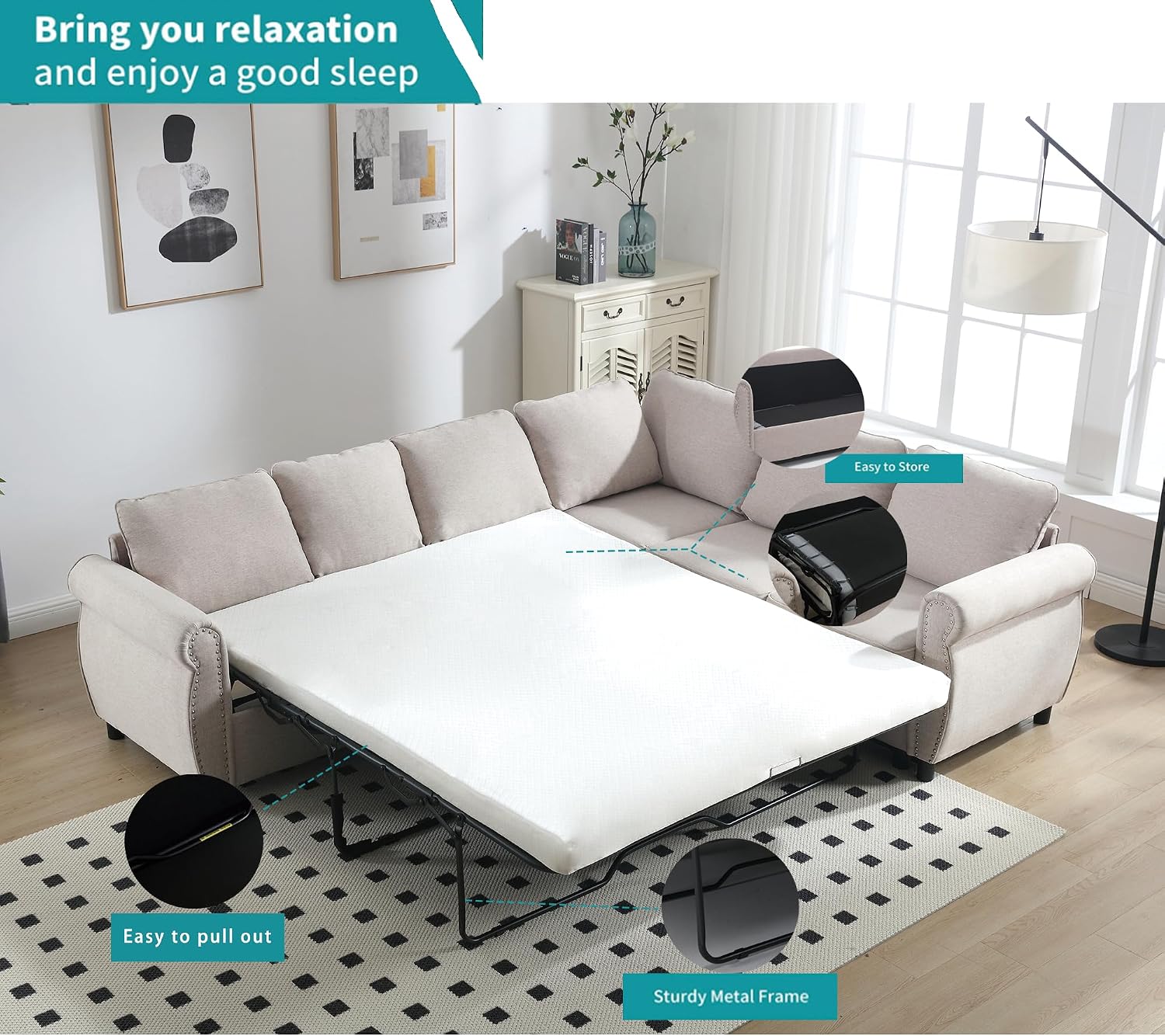 TTK 104" L-Shaped Convertible Sectional Sofa Bed, 6-Seater with Pull Out Queen Size Daybed, Memory Foam Mattress & Arms, Easy Assembly Riveted Sofa for Living Room, Beige