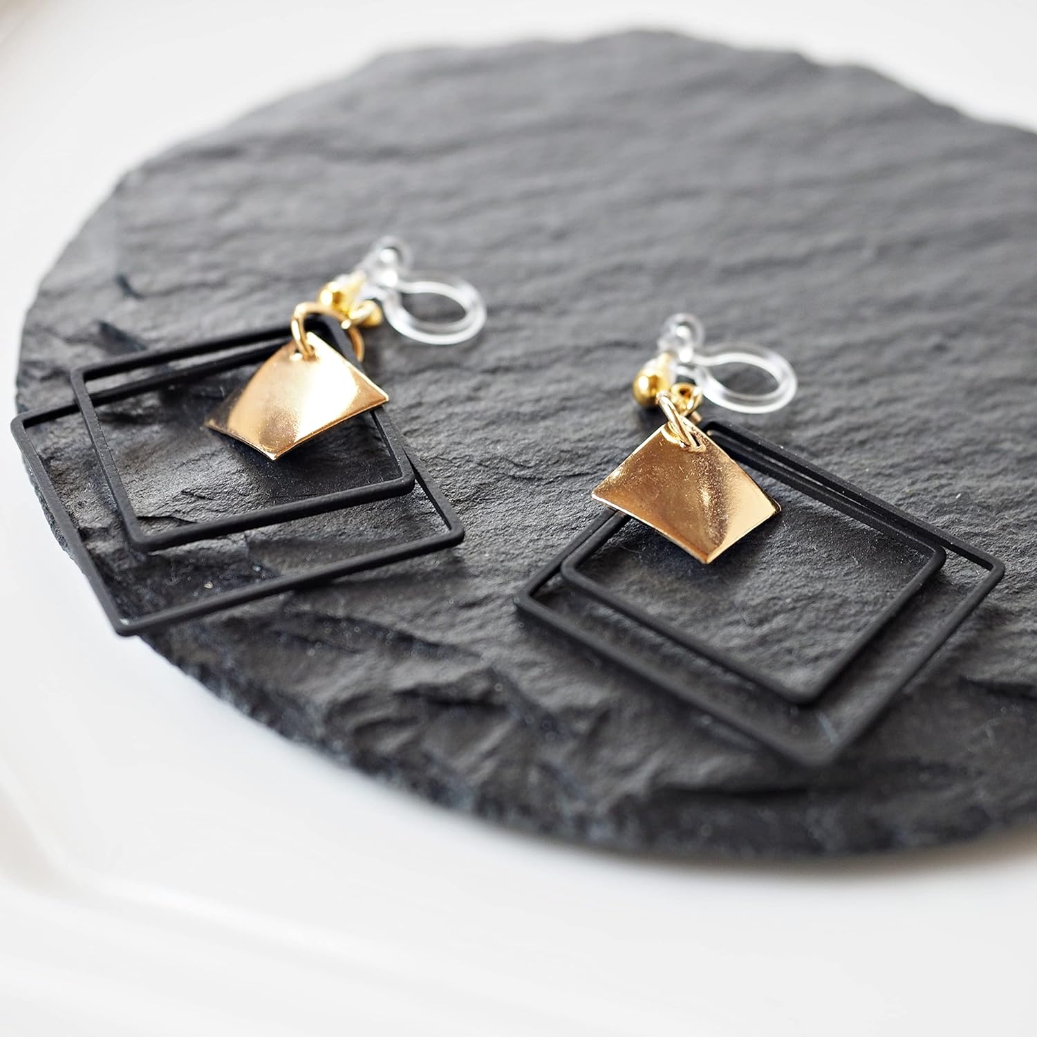 Black Square Hoop Dangle Invisible Clip On Earrings Non Pierced Gold Clip-on Earrings For Women