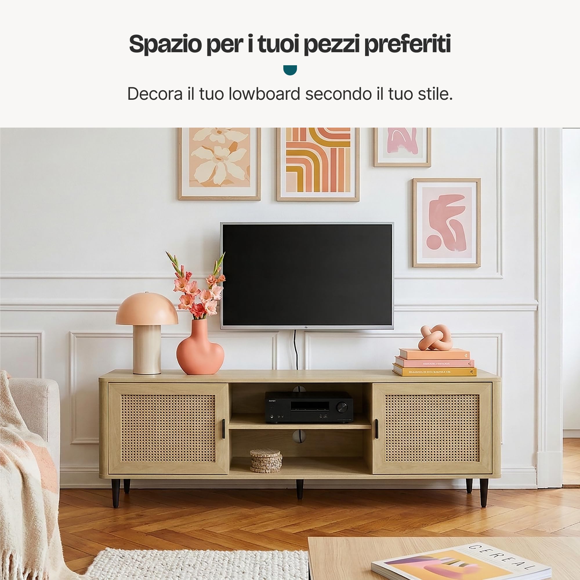 [en.casa] Mobile TV con Ante Inserto Effetto Rattan e Scomparti Aperti Porta Televisore con Fori Passacavi Stand Multimediale per Zona Living 152x40x54 cm Effetto Rovere