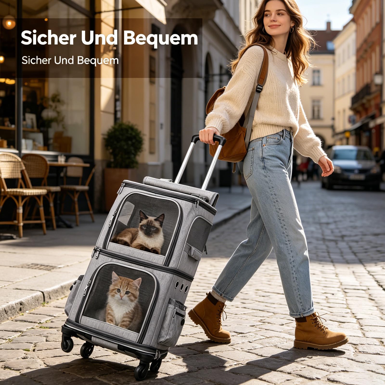 Katzenrucksack Große Katzen, Transportbox Katze für 2 Katzen bis 12kg, Katzentransportbox mit Abnehmbare Rollen, Hunderucksack für Wandern, Reisen, Grau