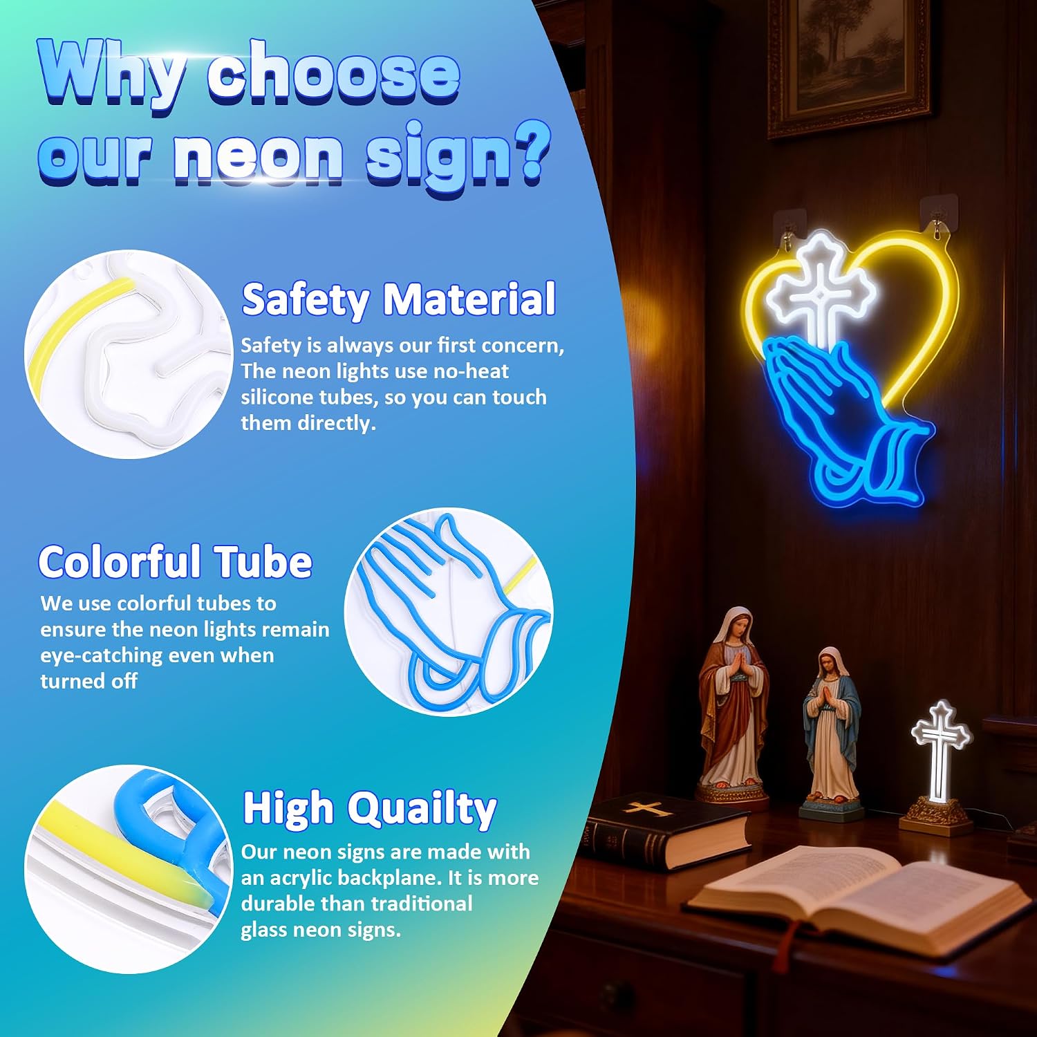 Lightzz Prayer Cross Neon Sign, Praying Hands Religious Wall Decor for Bedroom Home Altar Meditation Room, Adjustable Brightness LED USB-Powered Inspirational Christian Gifts for Women Men