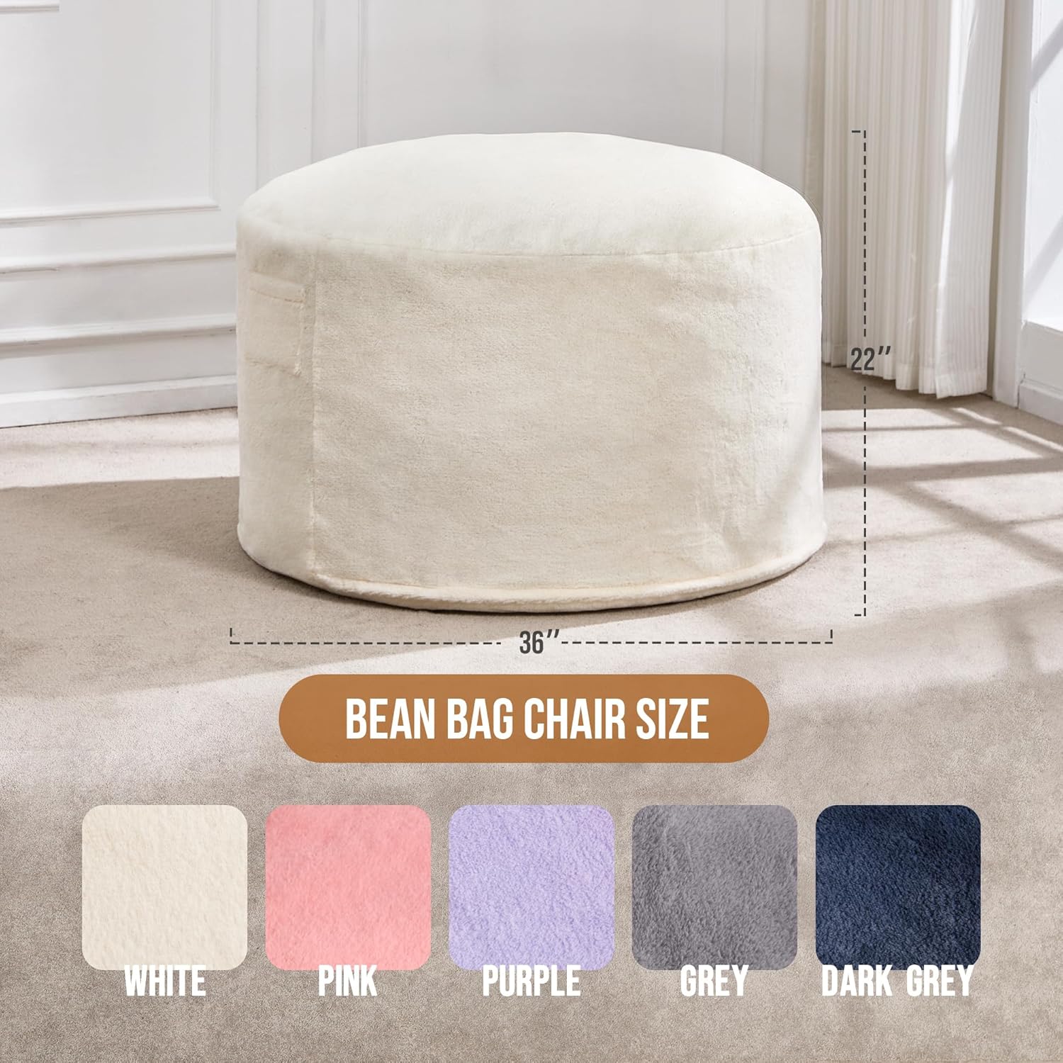 hobestluk 3ft bean bag chairs for adults large beanbag chair with plush faux fur cover big bean bag chair for living room bedroom dorm office - white(36” x 36” x 22”) 3ft - 36” x 36” x 22” white