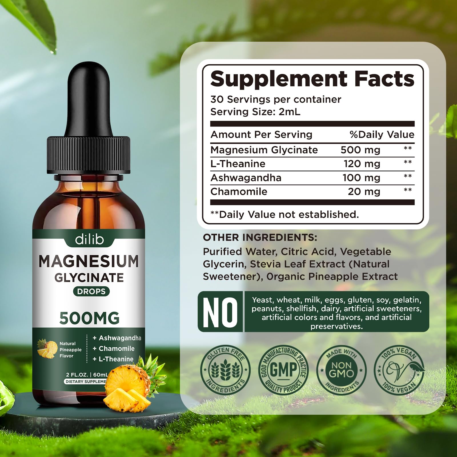 Magnesium Glycinate 500mg - Liquid Magnesium Drops, Ashwagandha, L - Theanine, Chamomile - Calm & Stress Relief, Relaxation, Restful Sleep, Muscle Heart Health, Vegan - 2 Fl Oz (30 Days) — Amazon image 7