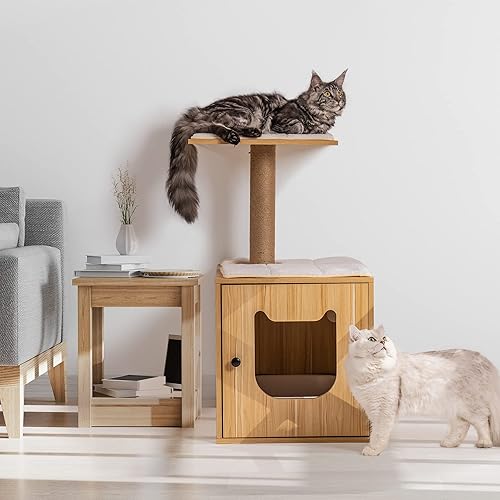 Miniatura 2 de MEWOOFUN Caja de arena para gatos, casa de madera para gatos con cama para gatos, muebles ocultos para lavarlos con poste rascador