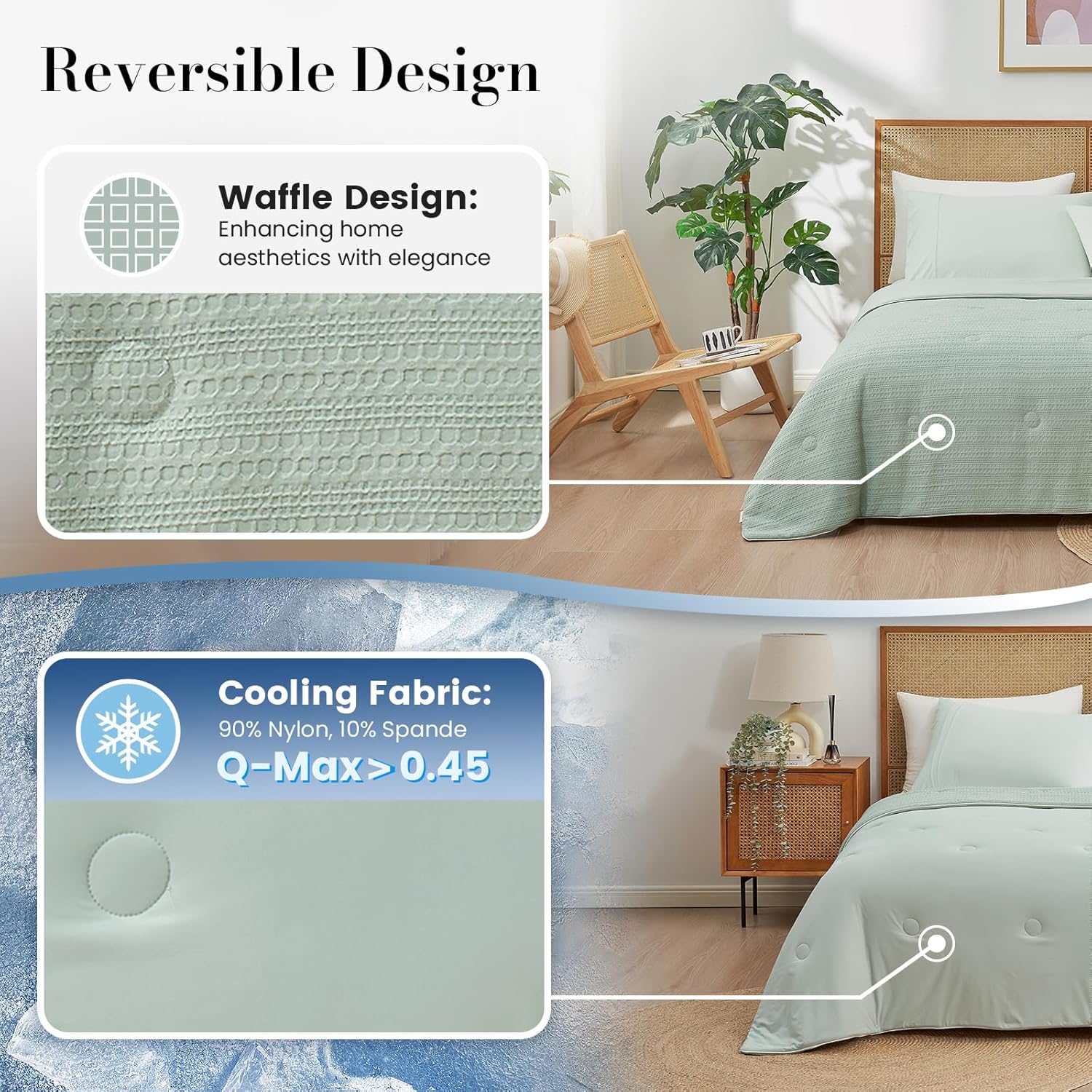 Amélie Home Waffle Cooling Comforter Queen Size, Q-Max 0.45 Reversible Lightweight Cooling Blanket for Hot Sleepers, Breathable Bedding for Night Sweats, 90"x90", Sage Green - Image 2
