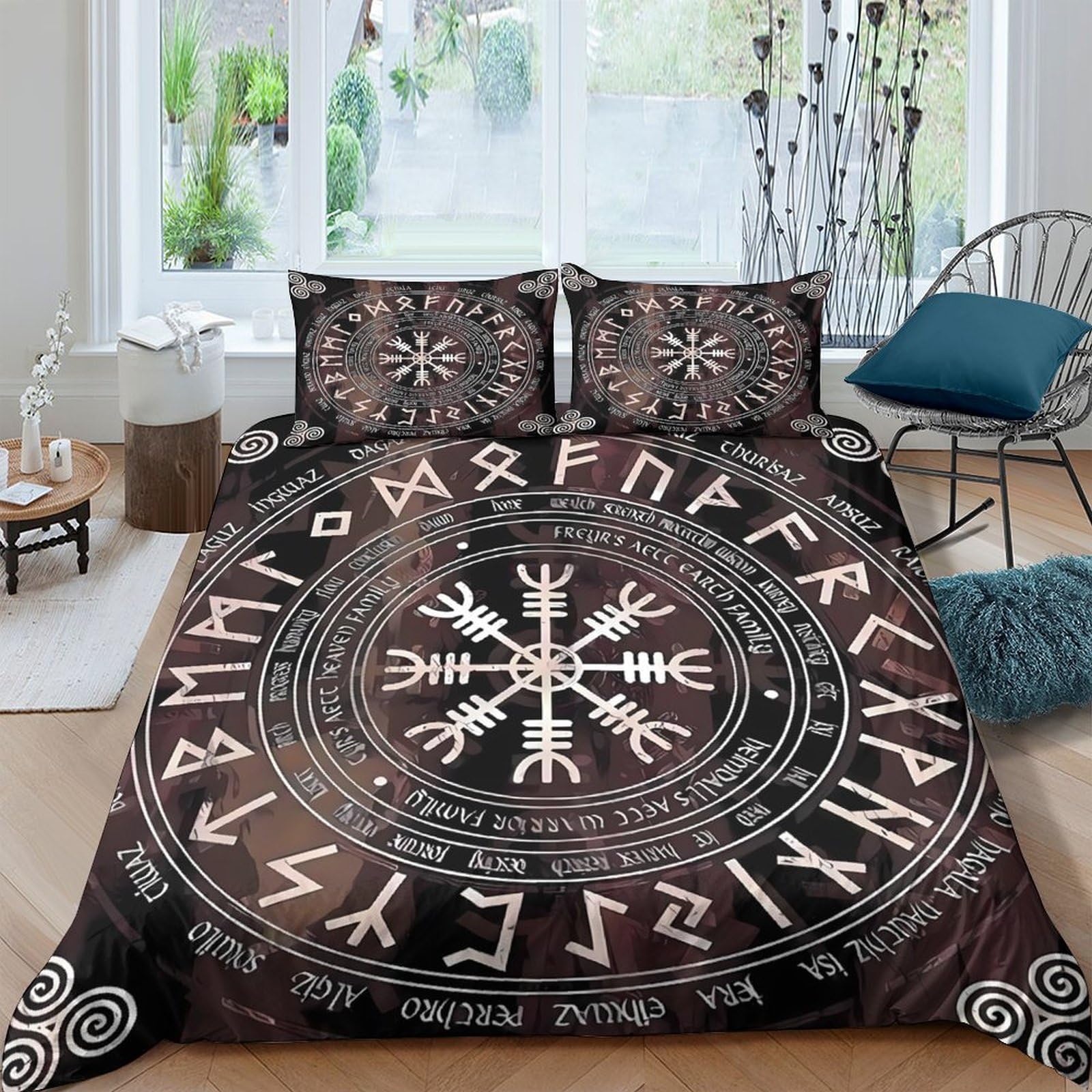 Ctjqhvkz Style-7 3D Printed Viking Rune Fitted Sheet Microfiber Norse Compass Mattress Cover For Bedroom Dorm Protective Decor, Black Brown Single（135X200cm）