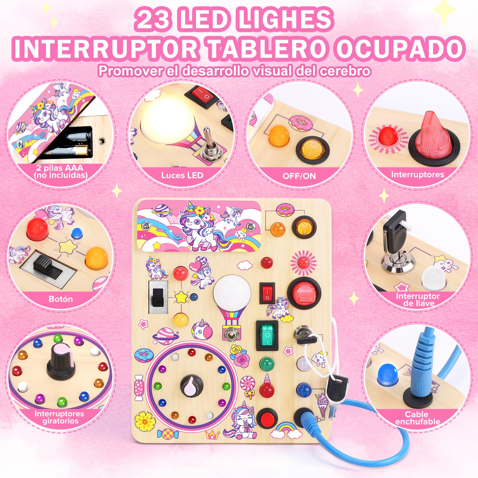 Juguetes Niños 1 año Montessori Unicorn Busy Board con 10 interruptores y 23 luces LED Juguete de Aprendizaje sensorial Juegos Niño 1 2 3 años Tablero de Actividades de Madera Regalo Niño Niña