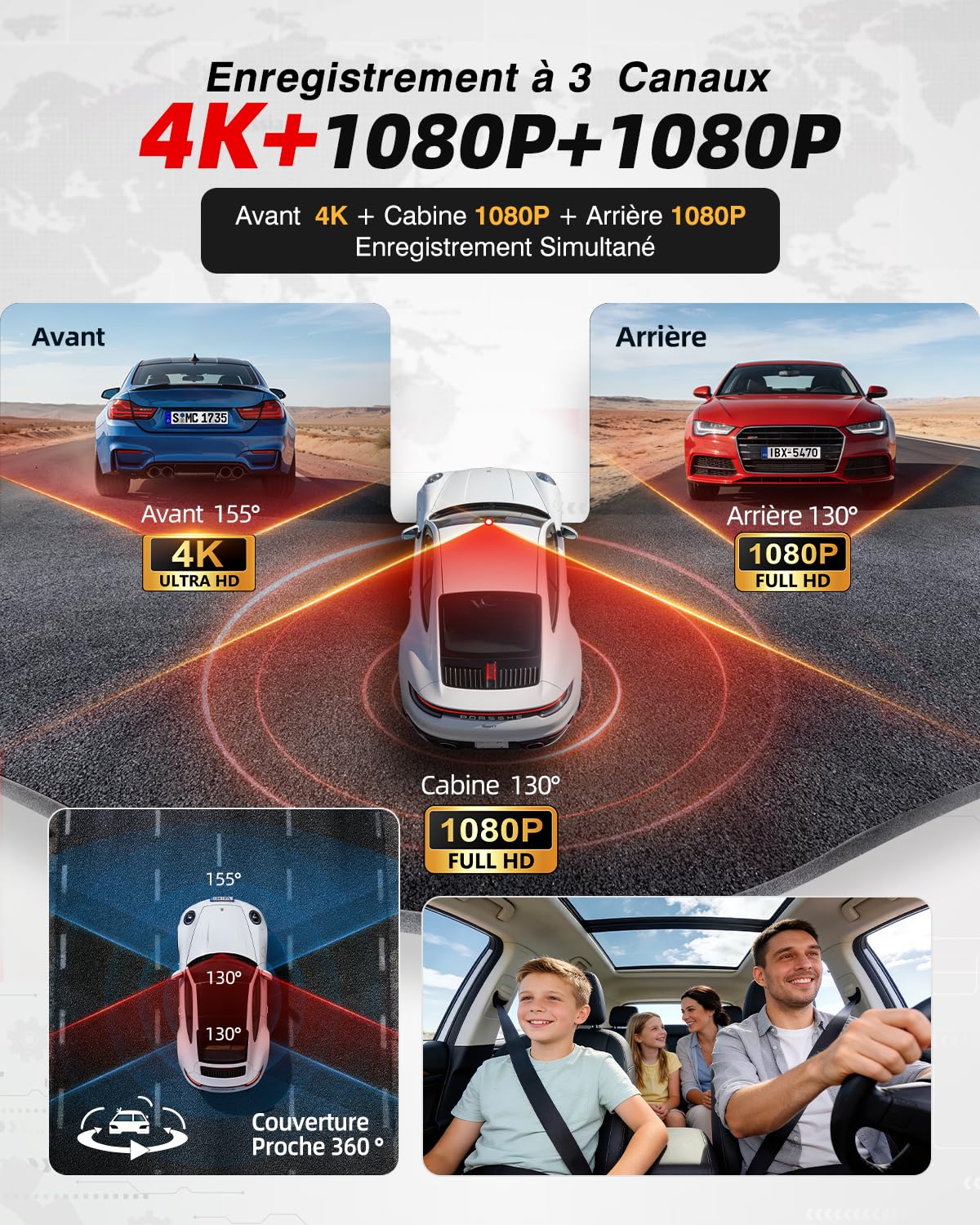 Jzones Dashcam Auto 3 Canaux 4K, avec STARVIS 2 Vision Nocturne et HDR, Dashcam Voiture Avant Arrière et Intérieure, Surveillance Stationnement 24H, Capteur G, WiFi 6 et GPS, Carte SD de 64 Go offerte