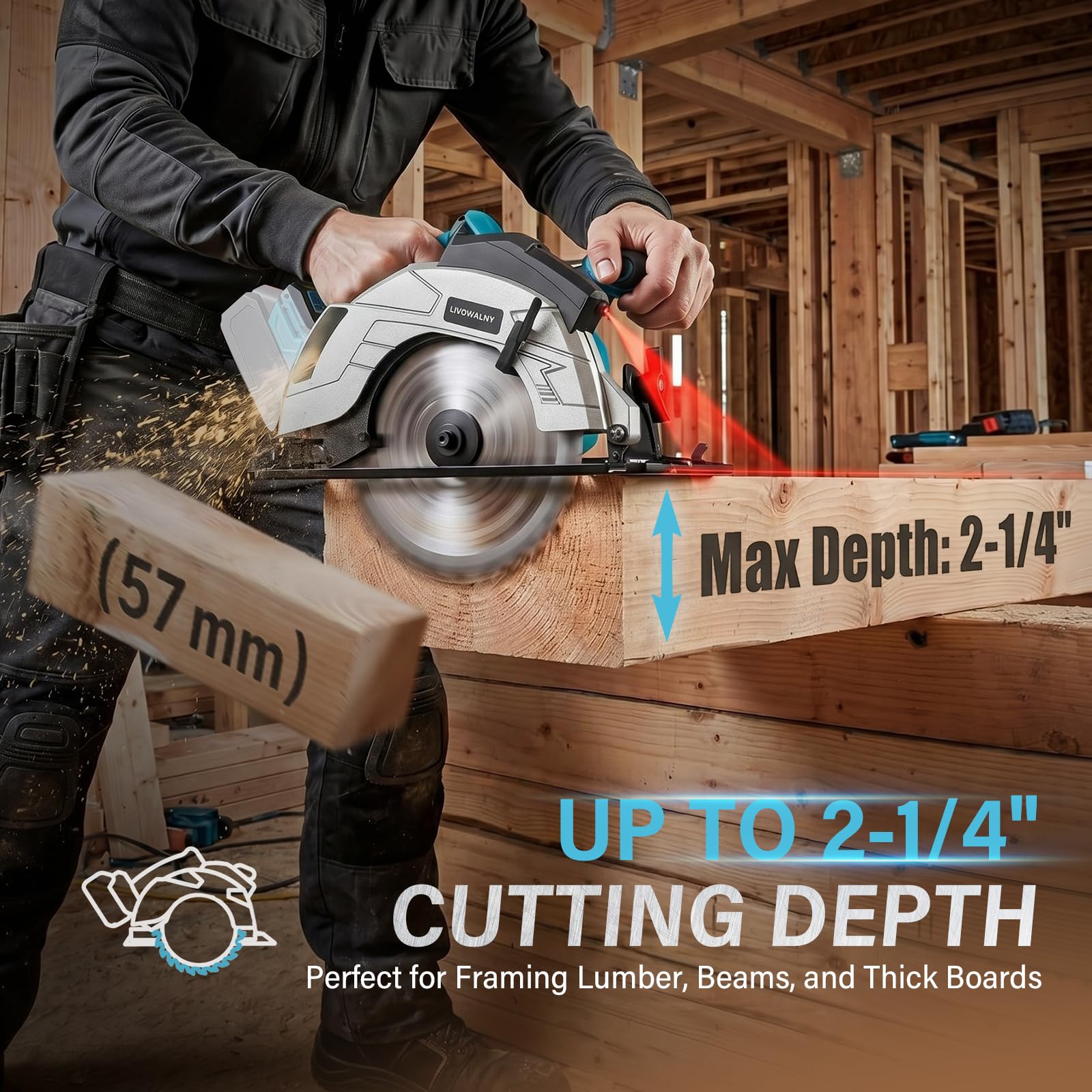 Professional Kreissäge kompatibel mit Makita 18 V Akku mit 2 Sägeblättern (185mm), Schnitttiefe: 60mm, Mit Laser, Handkreissäge, Akku-Kreissäge Bürstenlose Säge mit Einstellbarer Schnittwinkel Tiefe