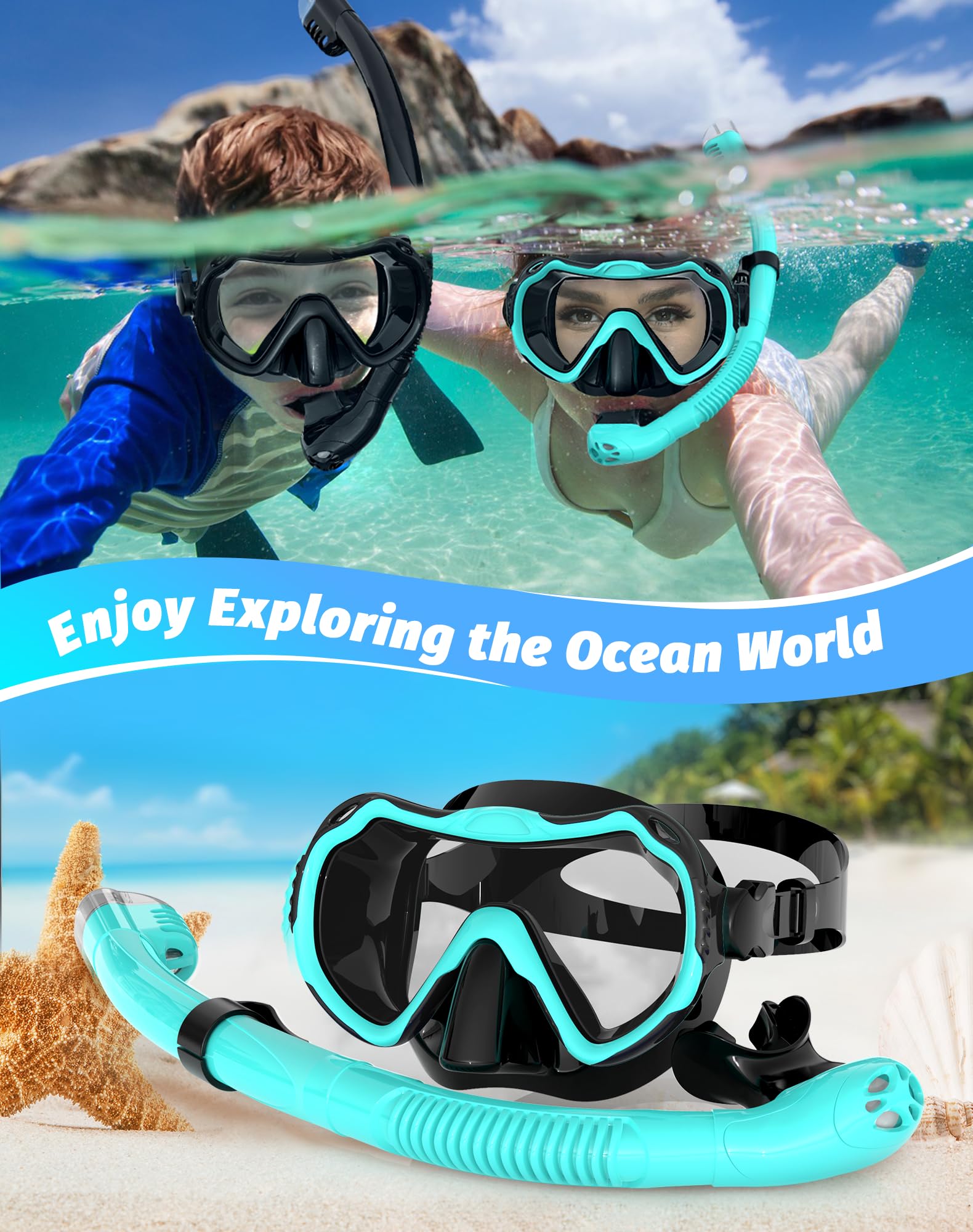 Sprzęt do nurkowania dla dorosłych, zestaw masek do snorkelingu 180°, panoramiczny widok sprzęt do nurkowania, 100% silikon klasy spożywczej, przeciwmgielna, przeciw wyciekom, sucha maska do