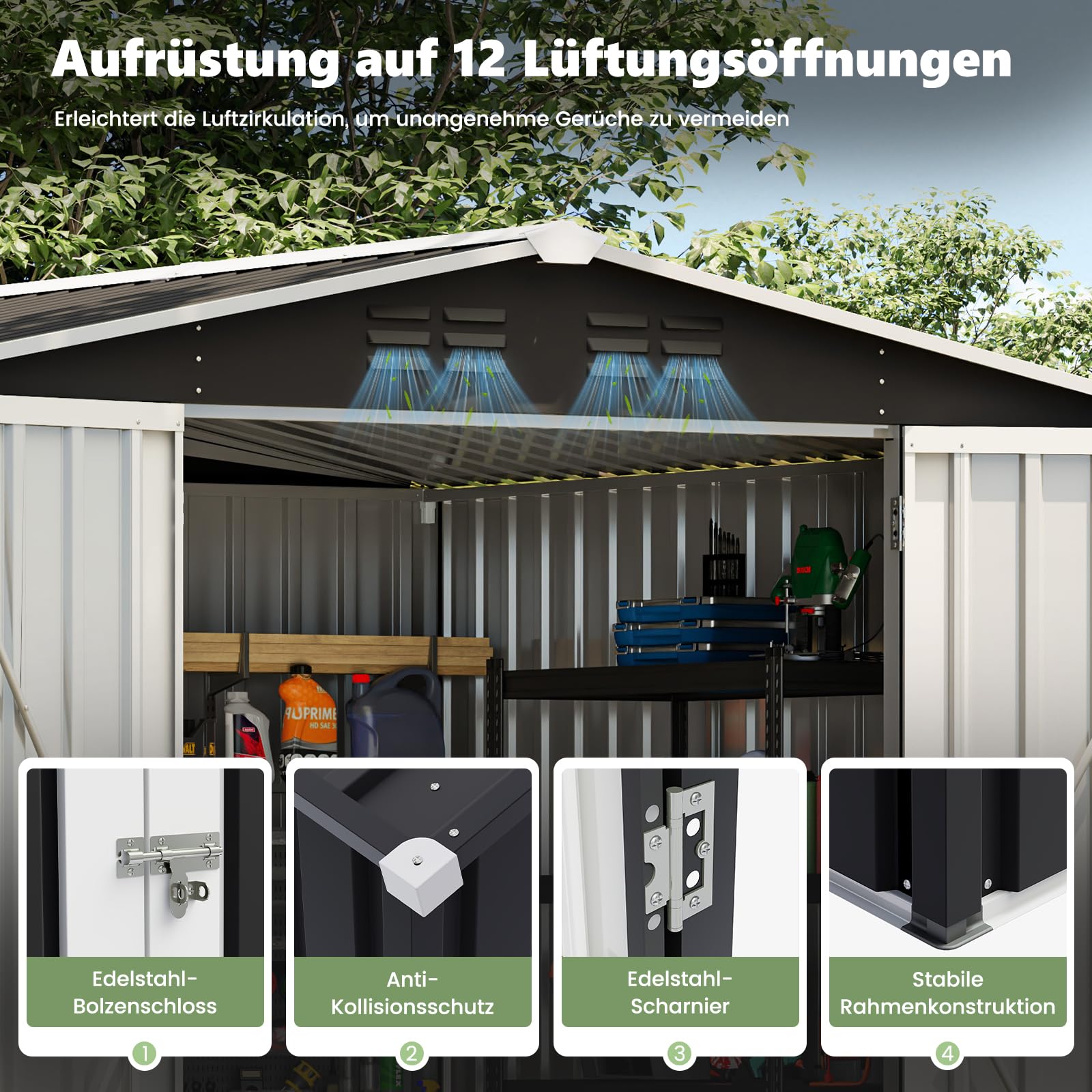 UDPATIO Metall Gartenhaus mit 10 m³, Pultdach - 250 x 248 x 194 cm für den Außenbereich, Geräteschuppen, Fahrradgarage, Verzinkter Stahl mit Abschließbarer Tür für Hinterhof,Dunkelgrau