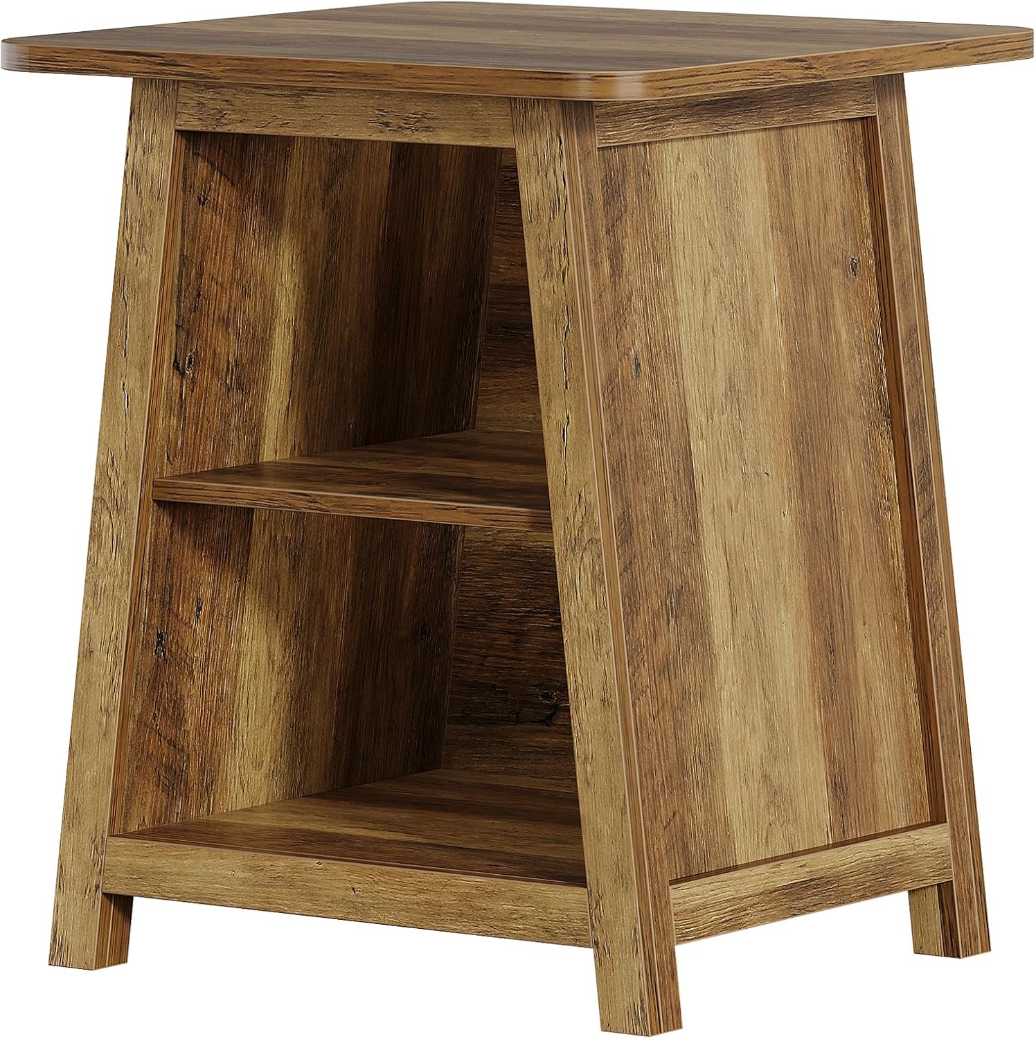 Tribesigns 3-Tier Rustic Farmhouse Wooden End Table with Open Storage Shelves, Trapezoid Angled Leg Side Table for Living Room, Small Space Friendly Sofa Side Table
