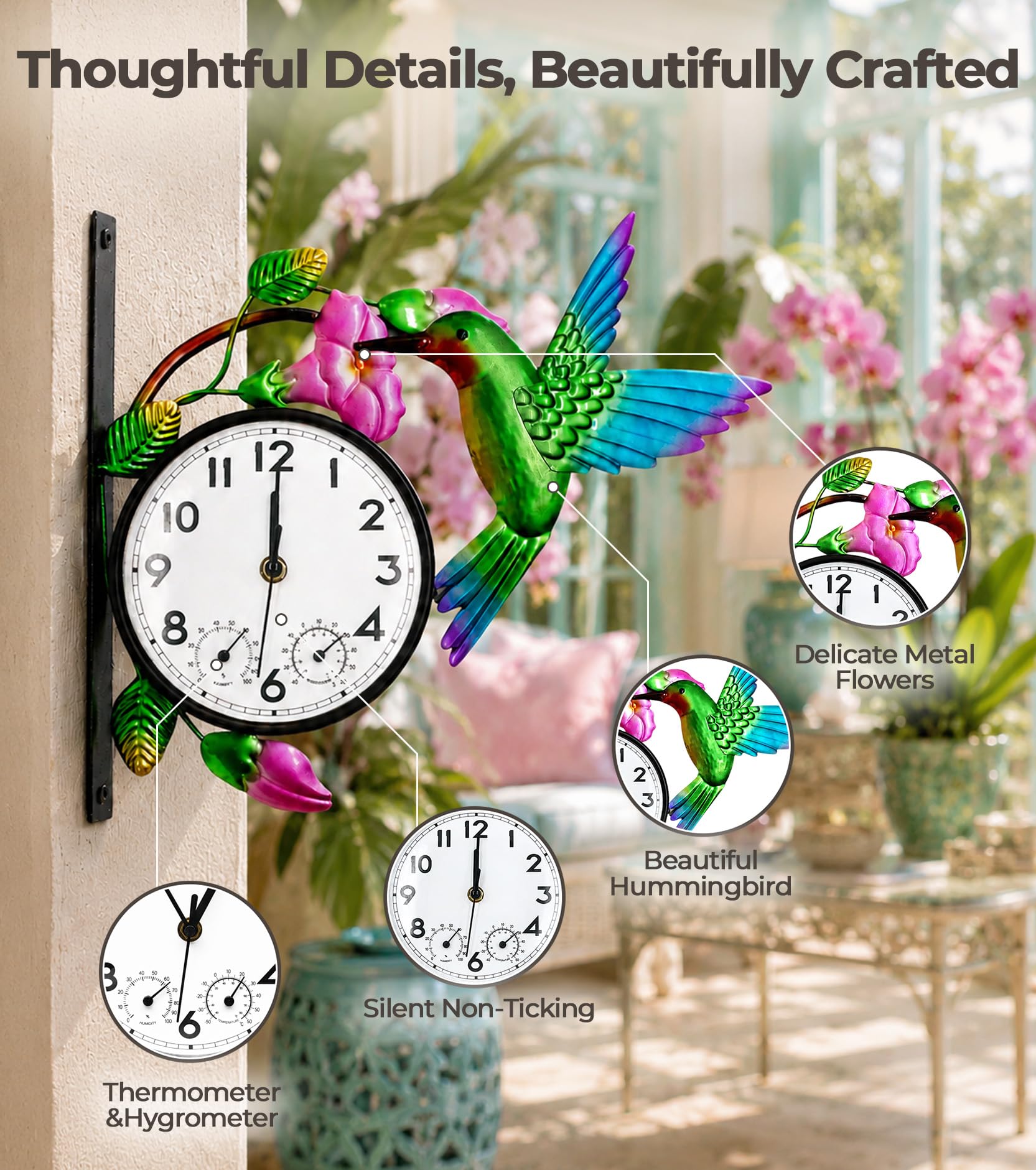 Orologio da esterno con termometro e igrometro Combo | Orologio da parete silenzioso senza ticchettio per patio, impermeabile, decorativo per soggiorno, gloria mattutina e colibrì