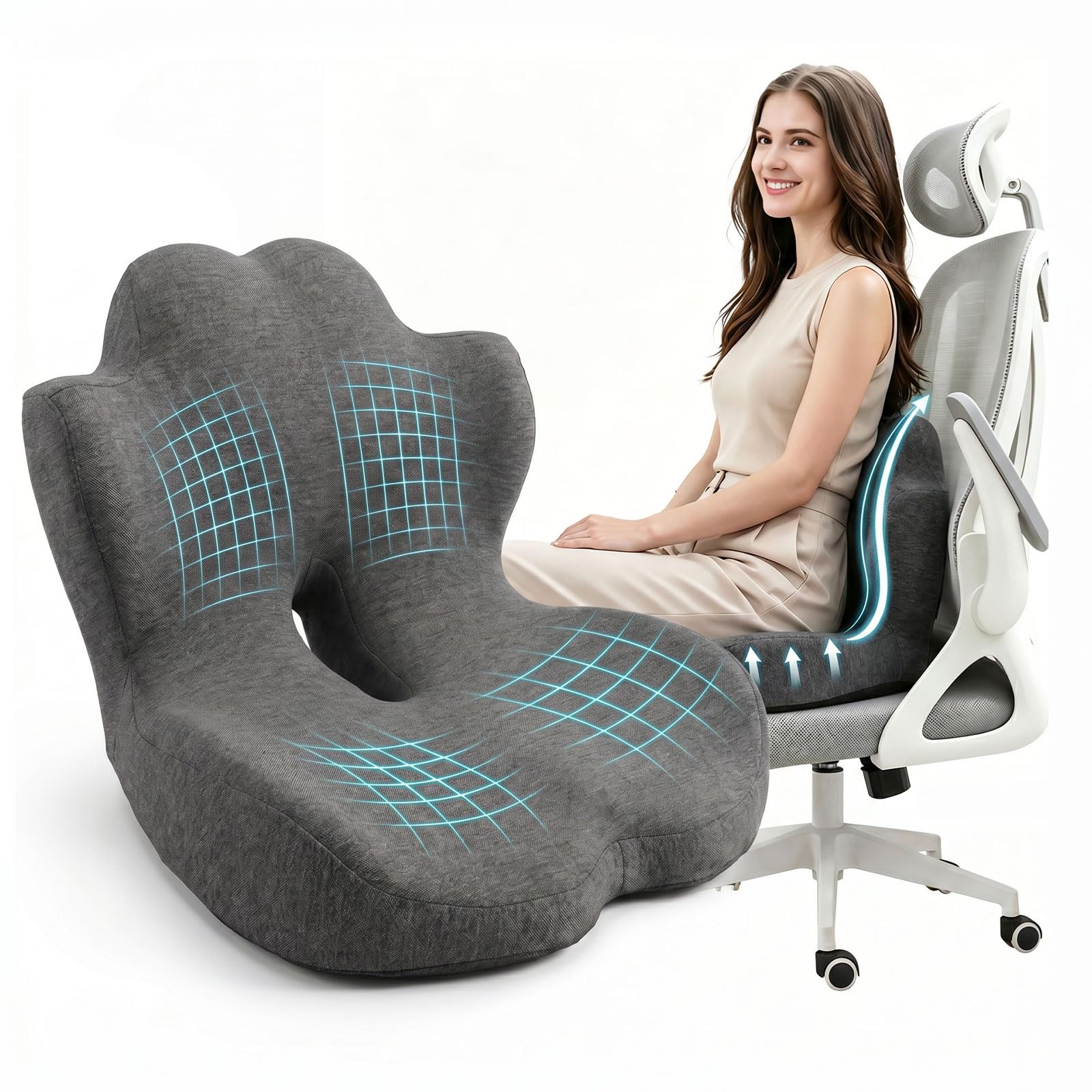 Cuscino per sedile in memory foam, cuscino 2 in 1 per sedile e supporto lombare, cuscino ergonomico per auto, cuscino per il coccige, per dolore al coccige, per ufficio, casa, sedia a rotelle