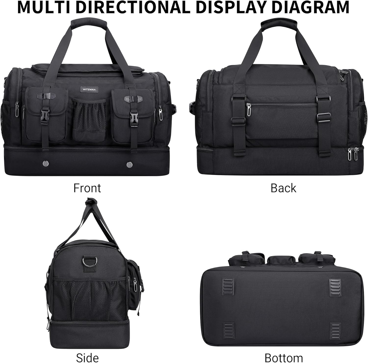 WITZMAN Duffle Bag for Men Large Carry On Travel Mens Weekender Overnight Bags with Shoes Compartment for Sports Gym(B723 Black) - Image 8