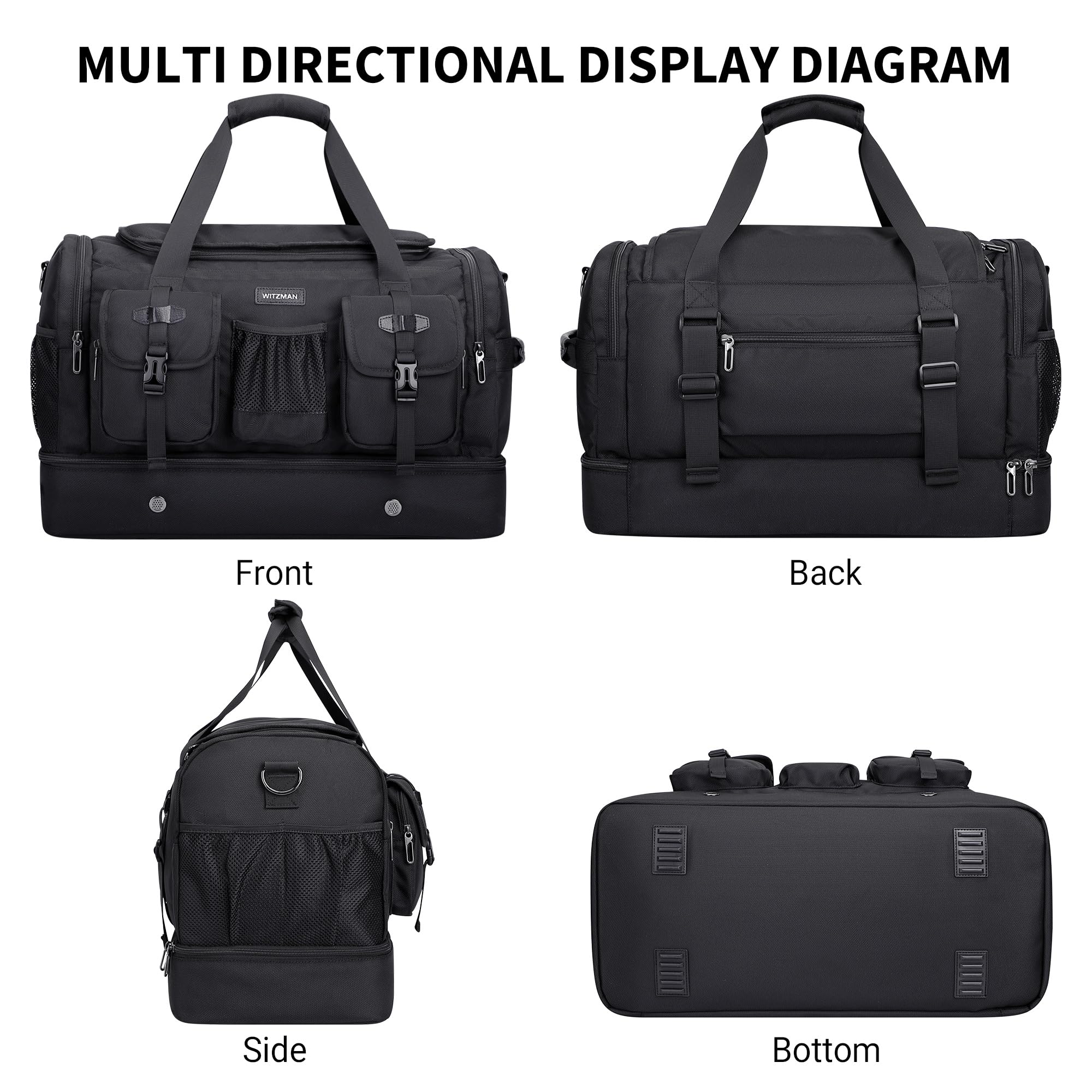 WITZMAN Reisetasche Herren 50L Weekender Gym Sporttasche mit Schuhfach | Nylon, Mehrere Taschen mit Nassfach, Konvertierbar, Große, Handgepäck Flugzeug, Für Reisen, Sport, Sauna, B723 Schwarz