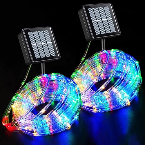 YEGUO Cadena de luces solares LED impermeables para exteriores, 2 paquetes de luces LED de 33pies cada uno con cadena de 100 luces LED para