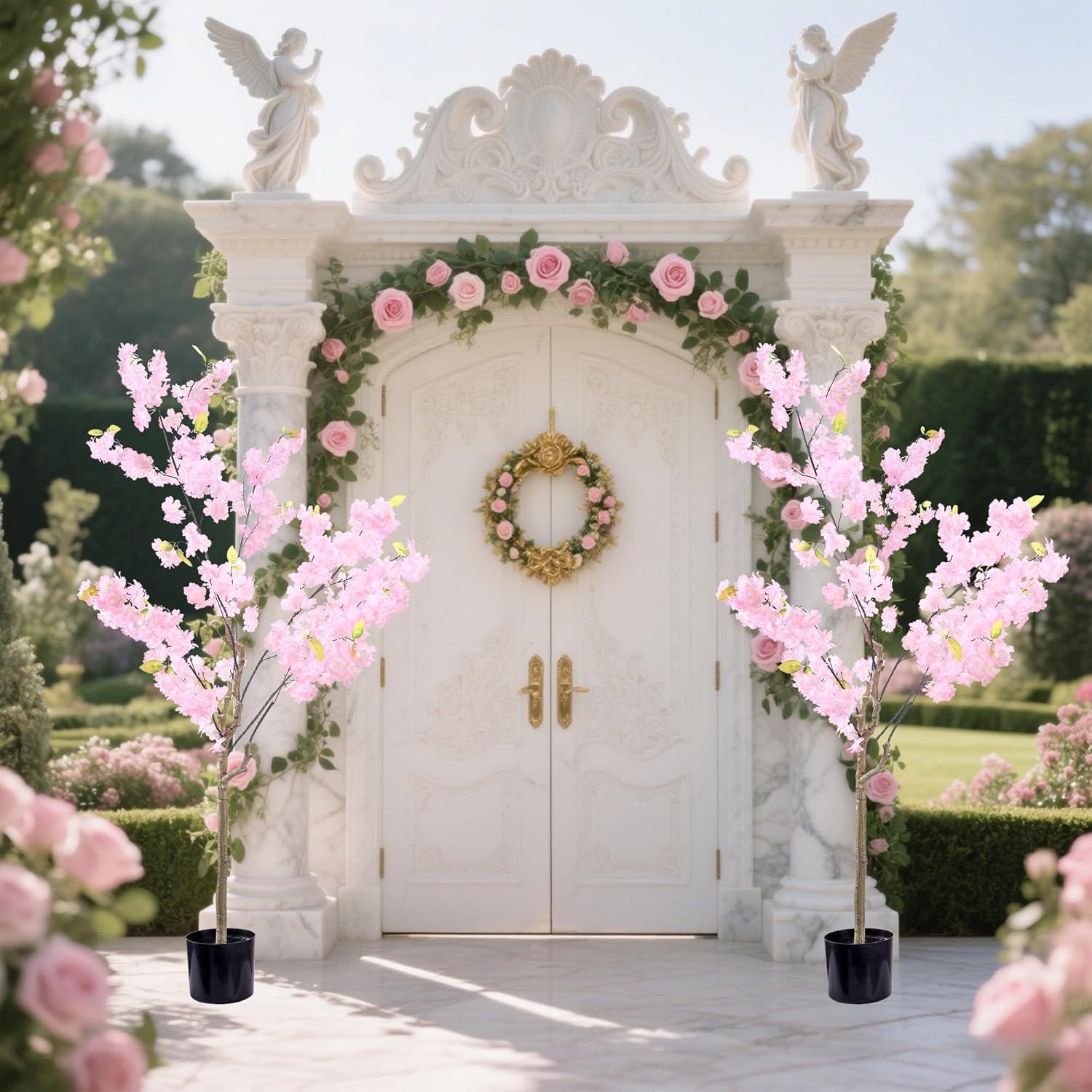 Artificial Cherry Blossom Tree Decor: 5FT Tall Handmade Lifelike Pink Fake Cherry Blossom Tree - Realistic Silk Faux Flower Sakura Tree for Party Wedding Christmas Indoor Outdoor Home Decor