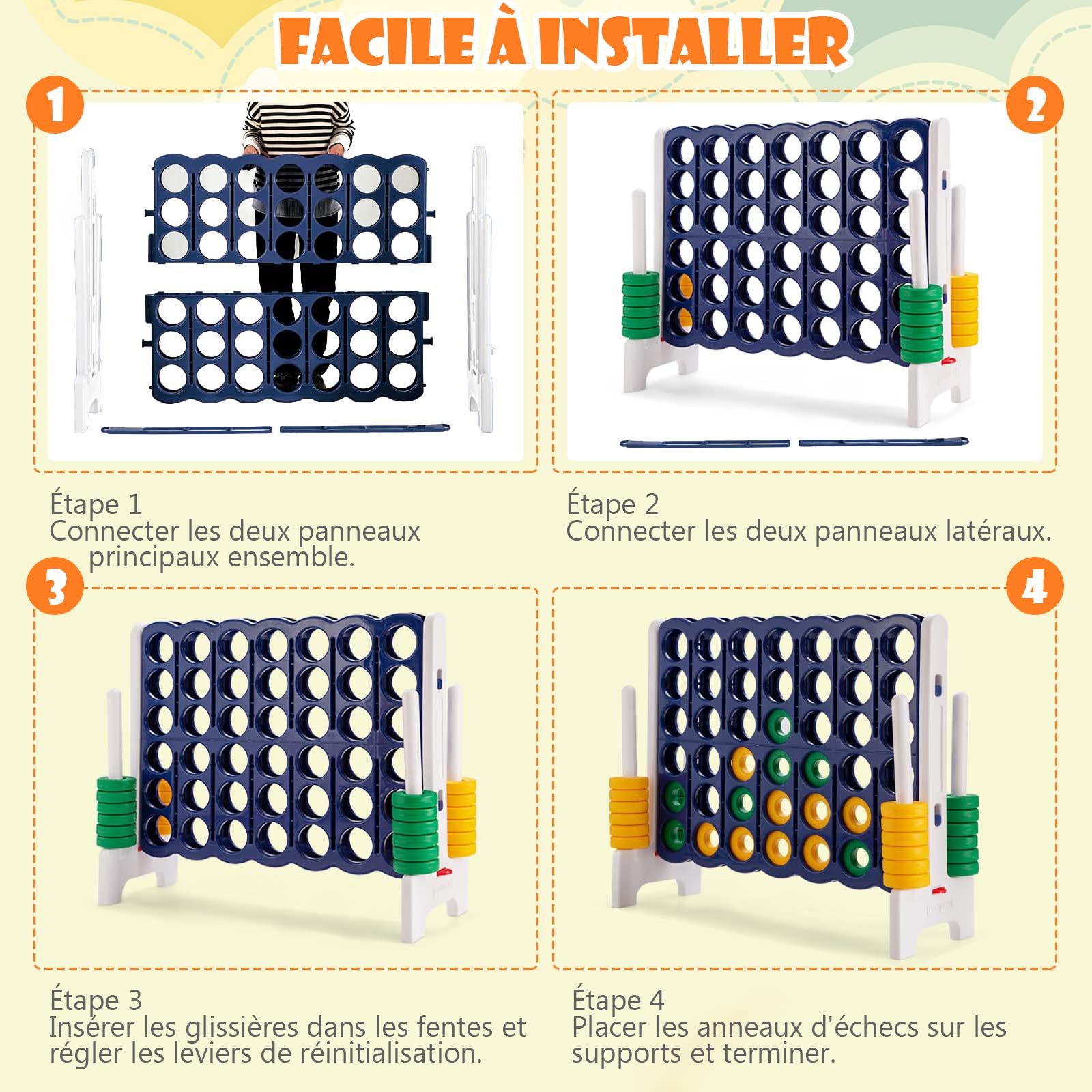 DREAMADE Jeu de Société Puissance 4 Géant pour Enfants 120 x 42 x 104CM avec 42 Anneaux, 4 Shots Géants avec Levier de Réinitialisation du Jeu, pour Réunions de Famille (Bleu Gris)