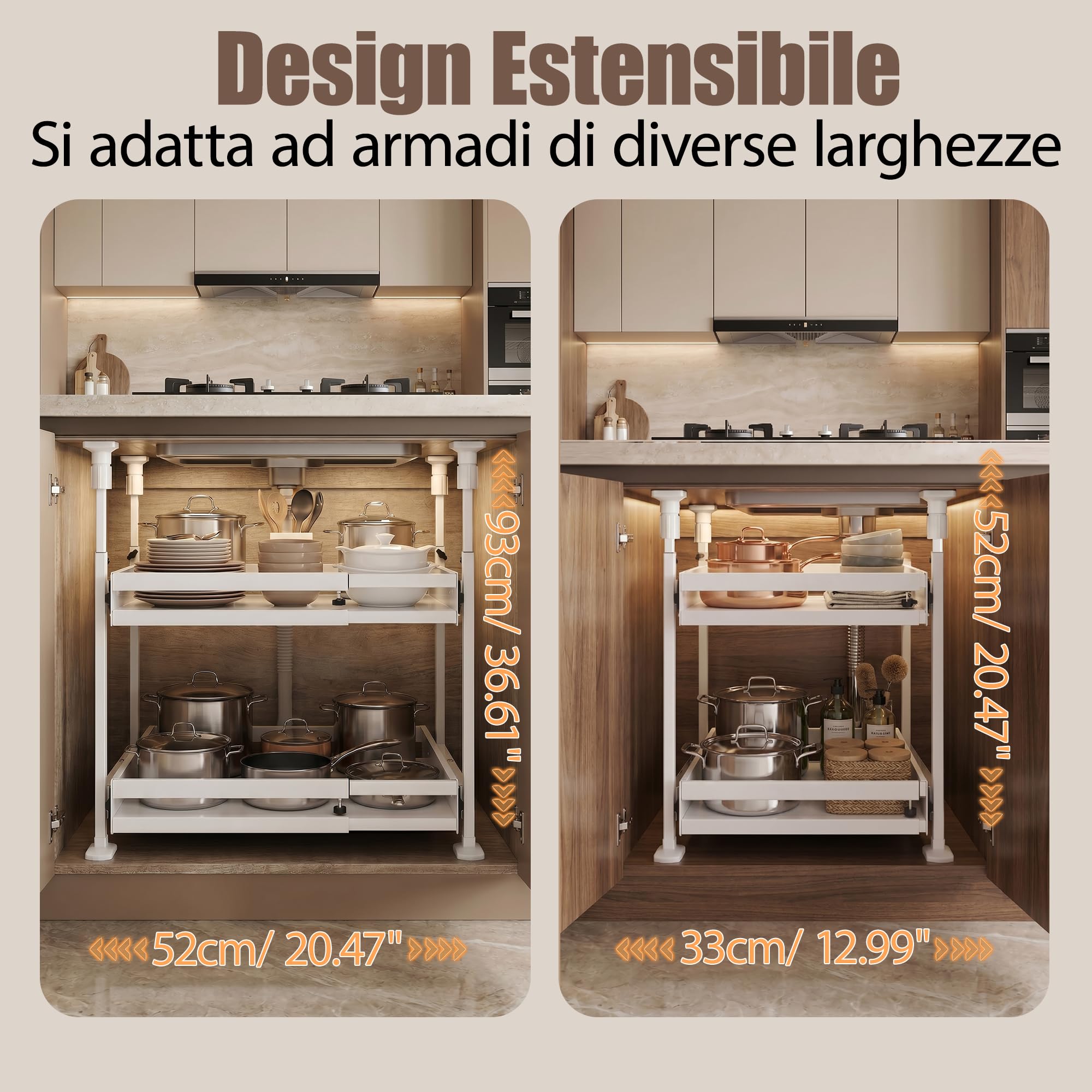 AQRA Cassetti Estraibili Metallici Regolabili, Organizer Cucina Senza | Confezione da 2 pezzi, Regolabile 52,5-93cm (H) /33-52cm (L), Senza Foratura, Adatto per Cucina e Bagno