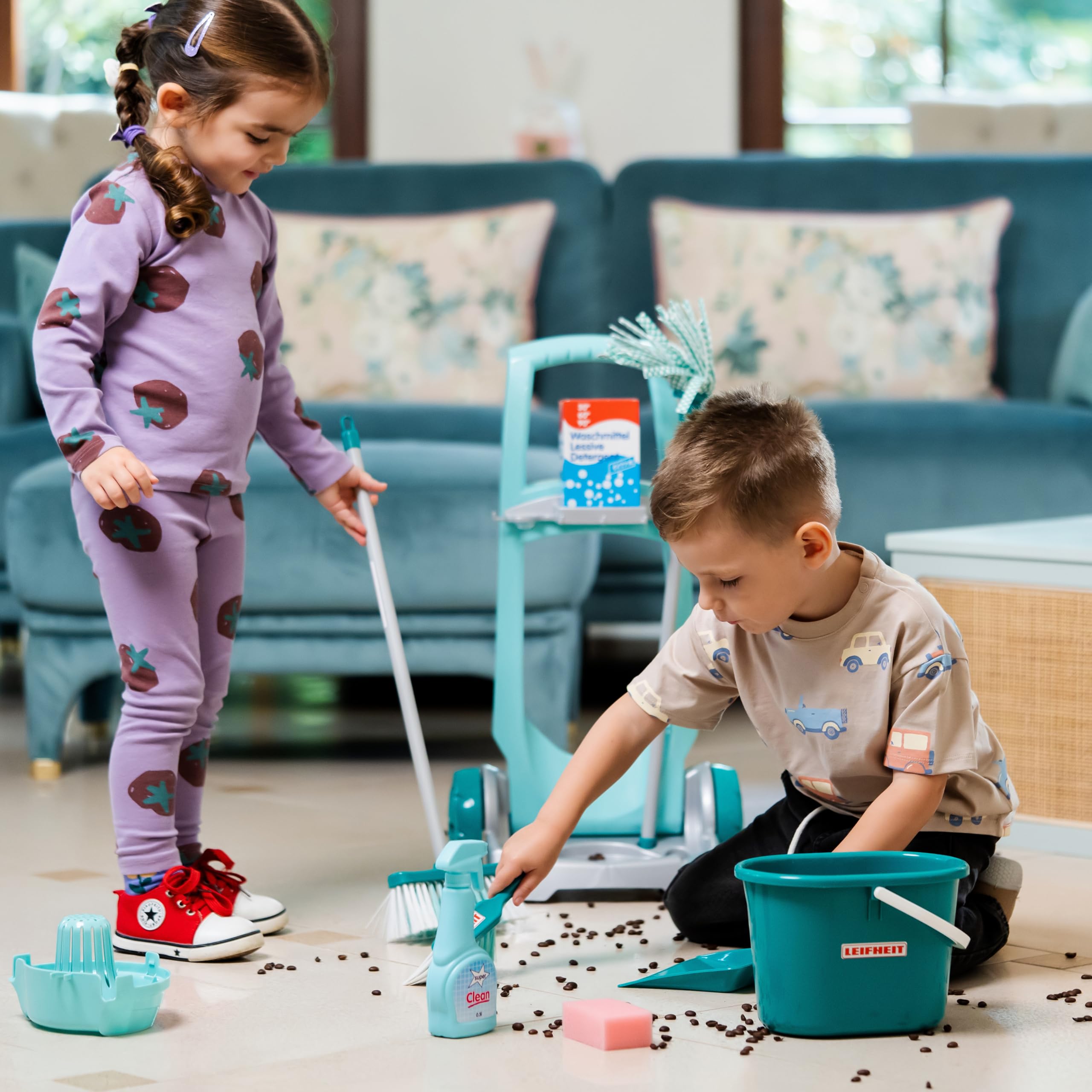 Theo Klein 6562 Leifheit Broom Trolley with Robust Accessories | Incl Mop, Bucket, Broom and Much More I Toys for Children Aged 3 and Over