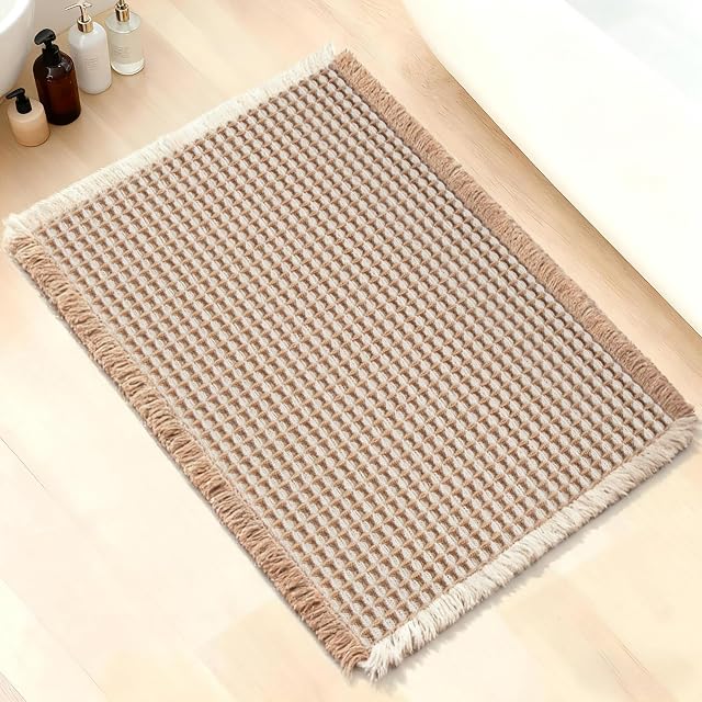 ArtyCozy Waffle Bath Mat Super Absorbent Soft Non-Slip Boho Bath Rugs with Flat-Woven Hot Glue Backing for Bathroom