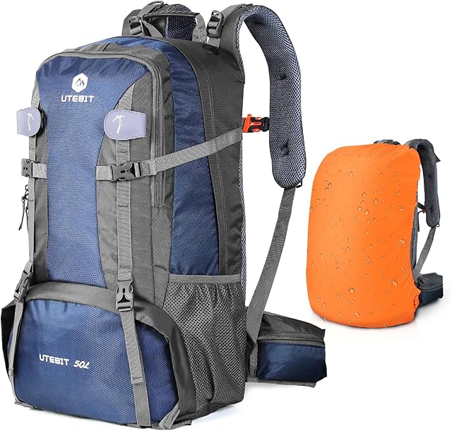 UTEBIT Hiking Backpack 50L, Backpack for Men&Women with Dry and Wet Compartments and Shoe Pocket Area, Waterproof Travel Backpack with Rain Cover, Survival Backpack for Hiking, Mountaineering