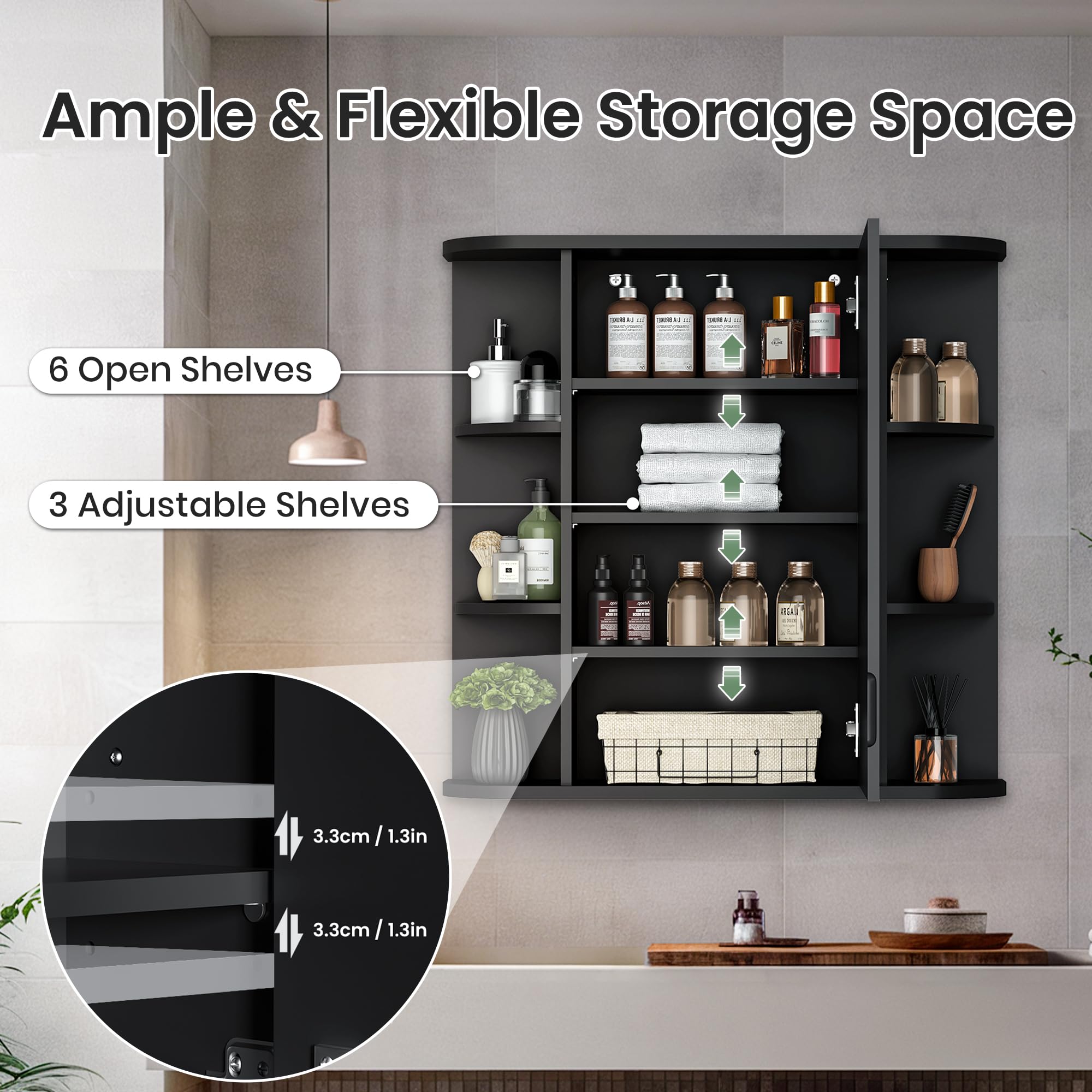 Pamapic Armario con espejo de baño, armario de baño con espejo HD grande, armario de almacenamiento montado en la pared con estantes ajustables, unidad de almacenamiento para sala de estar, dormitorio