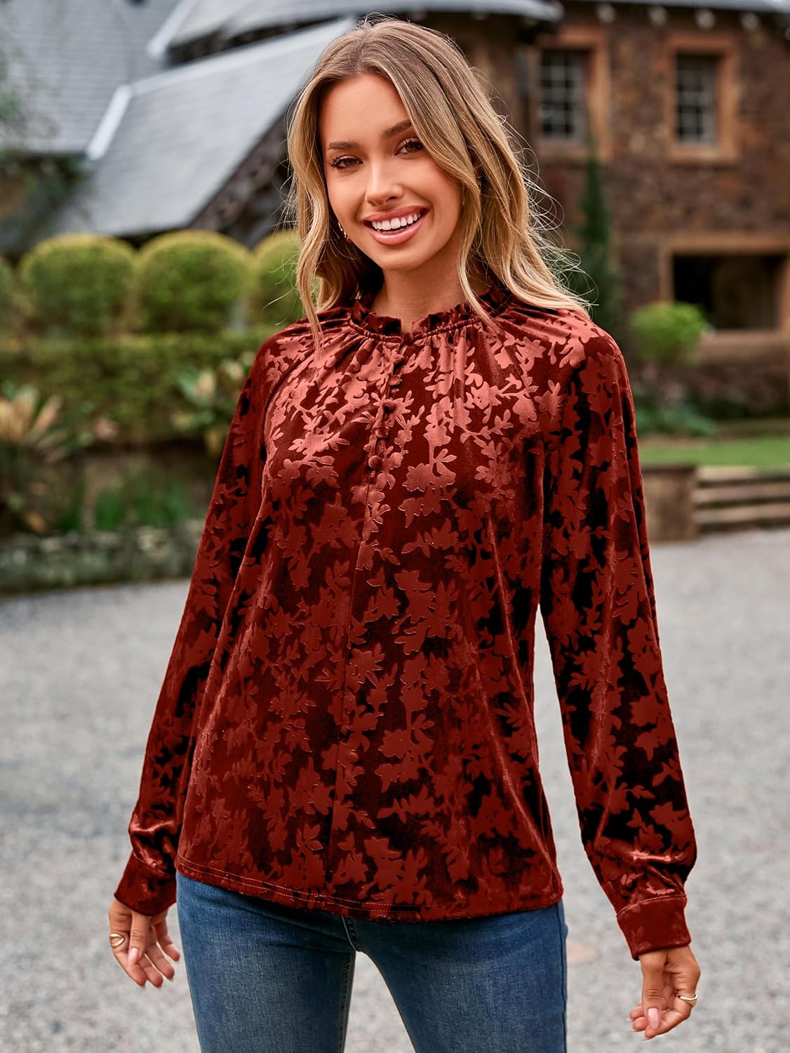 Simplee Velvet Tops for Women Long Sleeve Button Down Shirt Fall Blouses Dressy Casual Holiday Party Outfits 2025 - Image 6