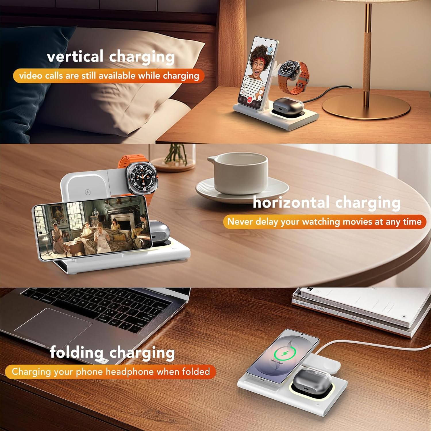 Wireless Charger for Samsung Charger (Foldable & Nightlight),3 in 1 Charging Station for Samsung S26 Ultra/S25/S24/S23/S22/Note20 Z Fold Flip7, Travel Charger for Galaxy Watch 8/7/6/5/4/3/Galaxy Buds4