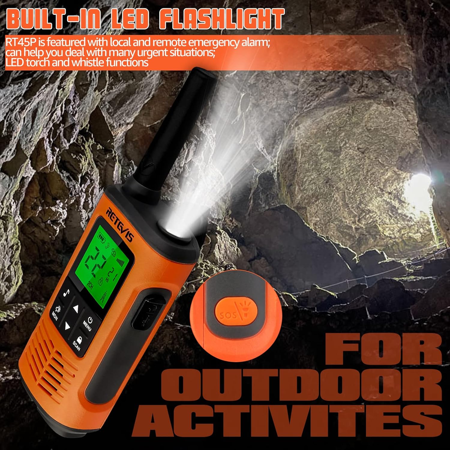 Orange Retevis RT45P walkie-talkie with its LED flashlight on, illuminating a dark cave, highlighting its utility for outdoor activities.