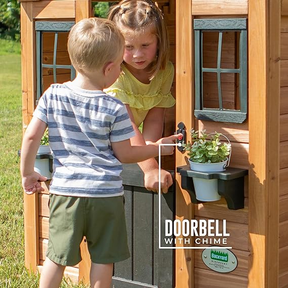 Backyard Discovery Sweetwater Cedar Wooden Kids Playhouse Cottage with Play Kitchen, Snack Bar, Half Door, Toy Phone, Windows, Flowerpot Holders, and Working Doorbell for Outdoor Imaginative Play