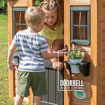 Backyard Discovery Sweetwater Cedar Wooden Kids Playhouse Cottage with Play Kitchen, Snack Bar, Half Door, Toy Phone, Windows, Flowerpot Holders, and Working Doorbell for Outdoor Imaginative Play