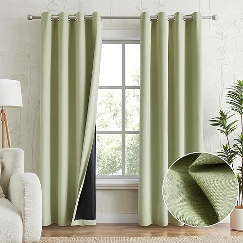 Cortinas verdes 100% opacas para dormitorio, con aislamiento térmico, aspecto de lino, con ojales y parte trasera negra para sala de estar, 52 x 63