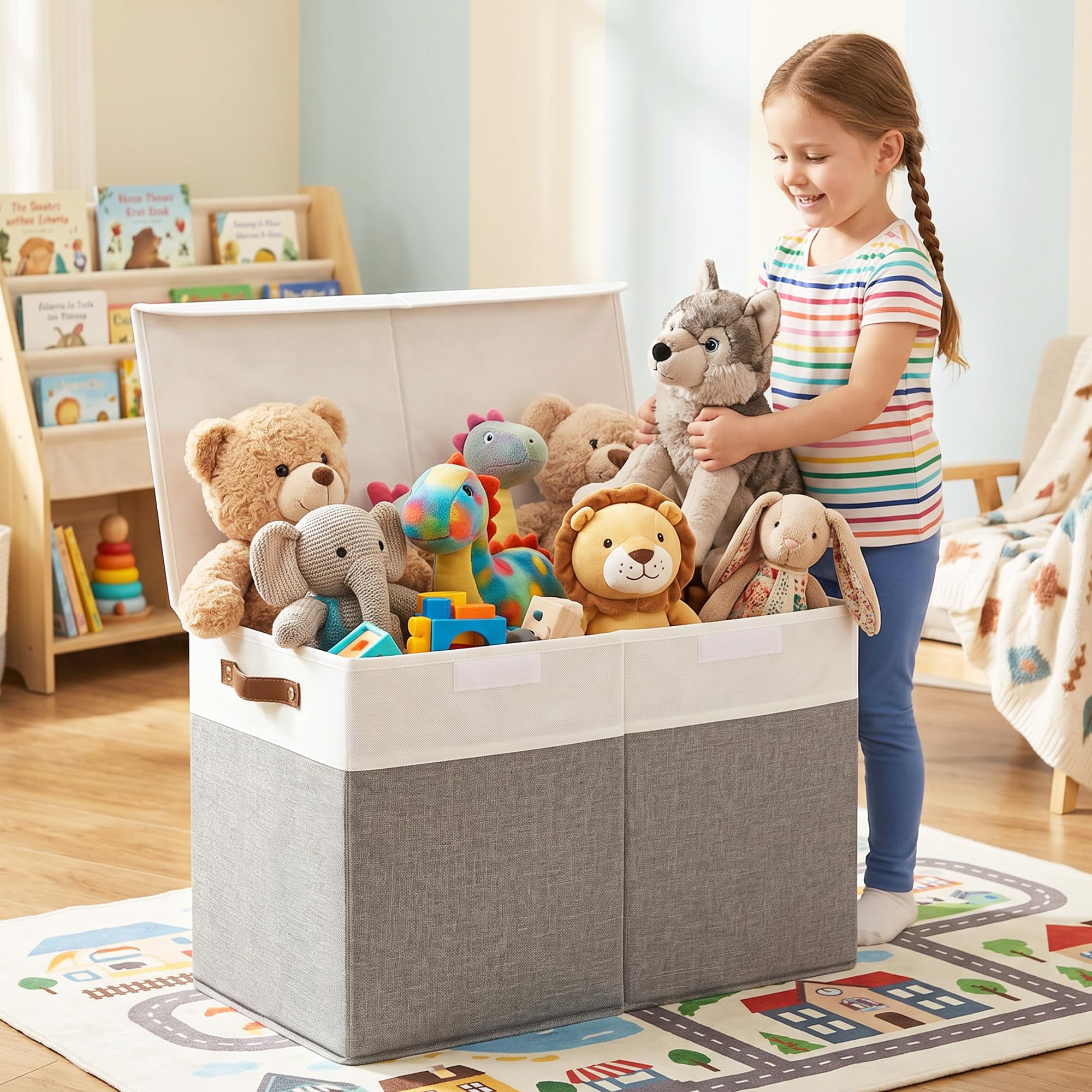 Caja de juguetes grande con tapa, plegable, resistente, organizador de almacenamiento de juguetes, cestas para niños, gris y blanco
