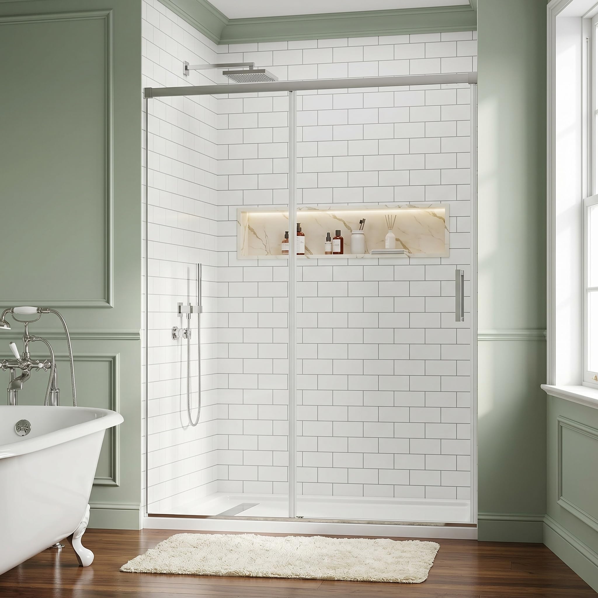 Photo 1 of 56-60" W x 76" H Frameless Sliding Shower Glass Door, 5/16" (8mm) Clear SGCC Tempered Glass with Dual-Side Nano Coating, Hidden Track, Premium SUS304 Stainless Steel Hardware, Polished Chrome