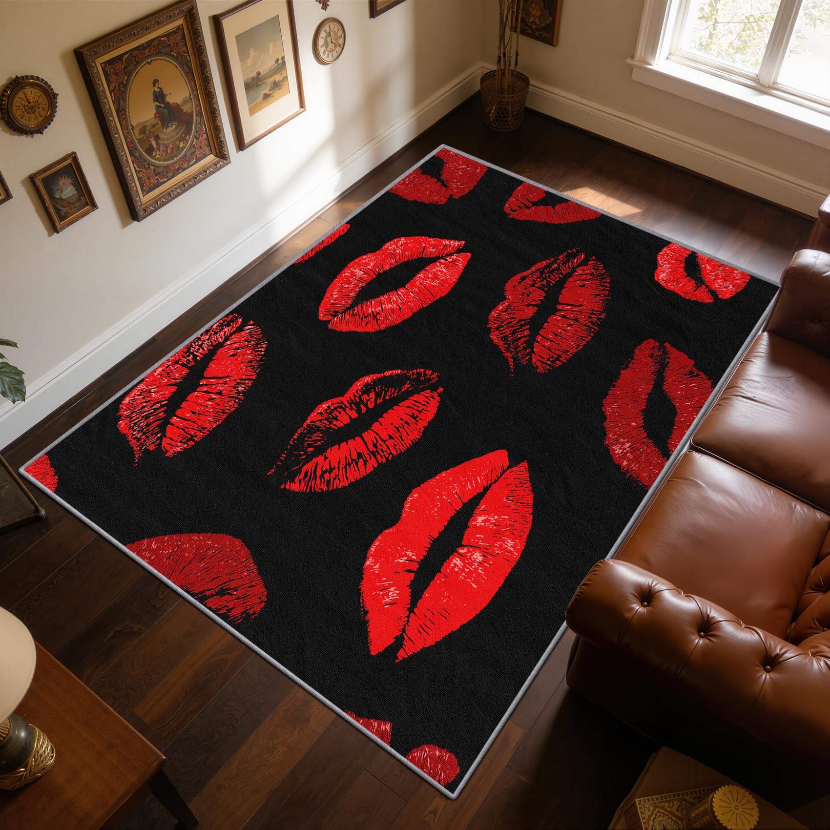 Lippen Teppich Waschbar, Sexy Rote Lippen Teppich 80x150 cm, Valentinstag Kuss Lippenstift rutschfest Waschbar Pflegeleicht Teppiche Für Schlafzimmer Küche, Schwarz Rot
