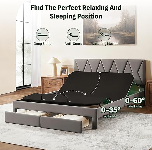 Miniatura 3 de Softa Estructura de cama Queen todo en uno ajustable con cabecero tapizado y 2 cajones de almacenamiento, cama eléctrica con control remoto y motor