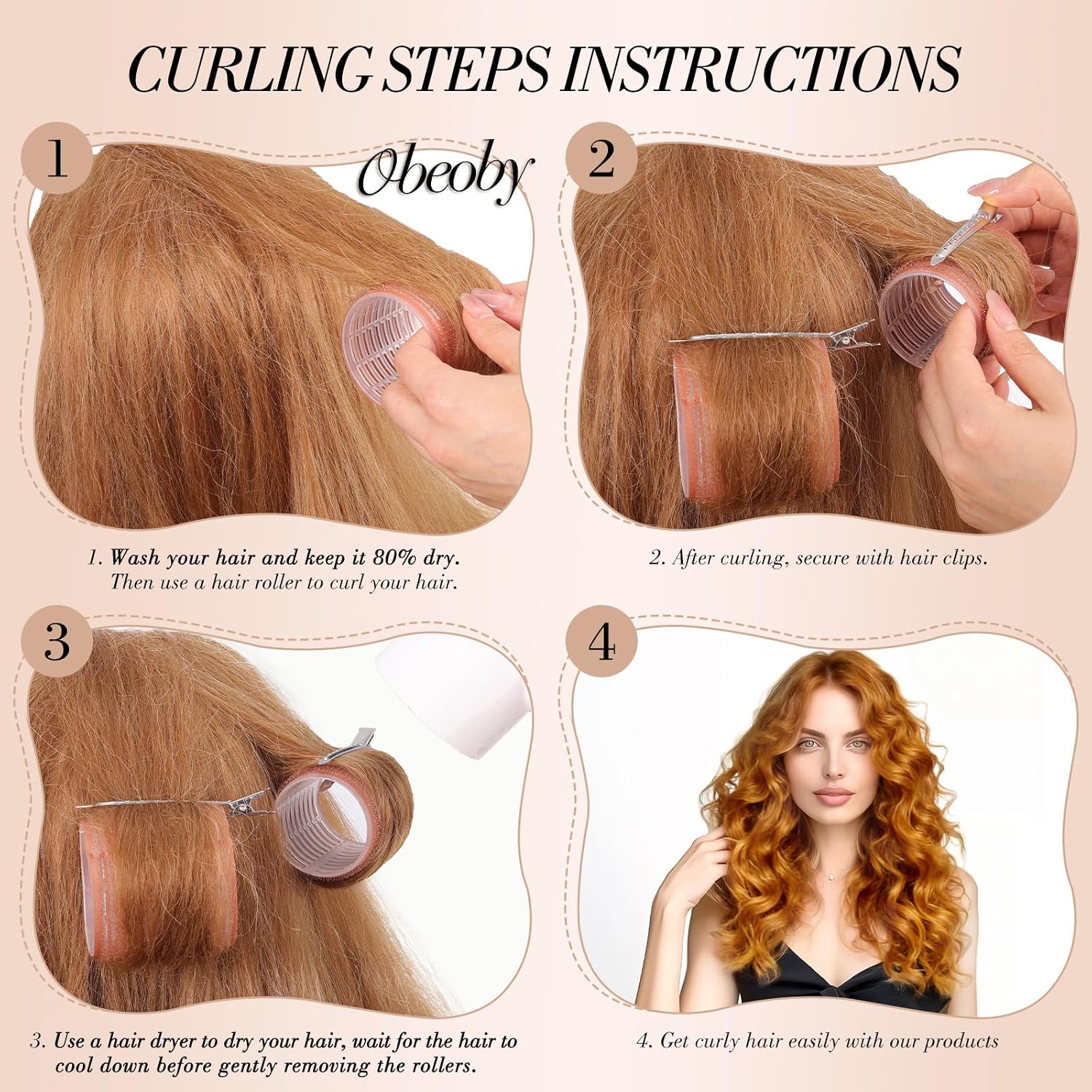 obeoby 4 Sizes Hair Rollers for Women Heatless Self-Grip Curlers Set, Brown image 4