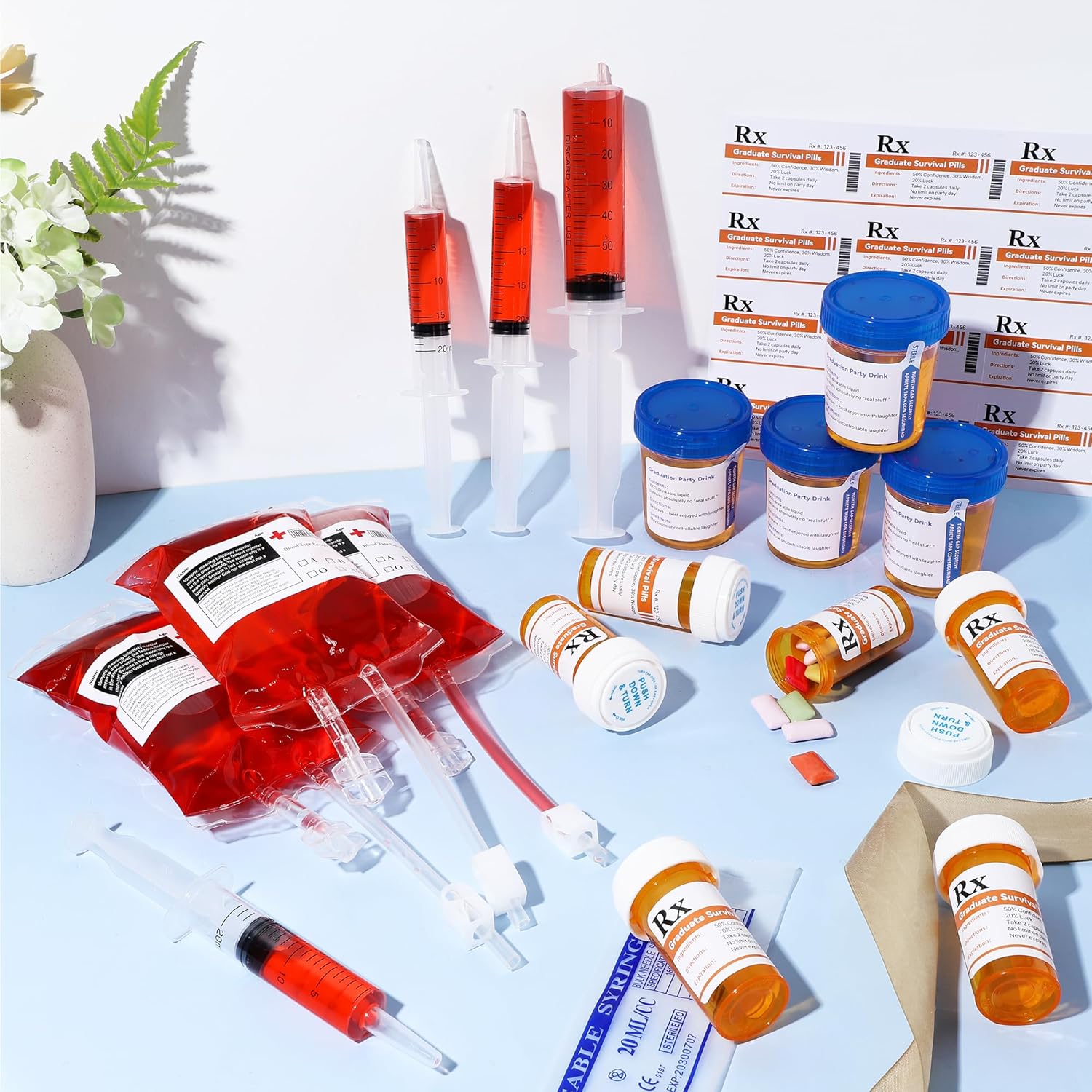 Aodaer 107 Pieces Nursing Graduation Party Supplies Kit Include 20 Empty Pill Bottles Plastic Syringe 10 Blood Bags for Drinks Urine Cups Sticky Label for Nurse Doctor 2026 Graduation Party Favors