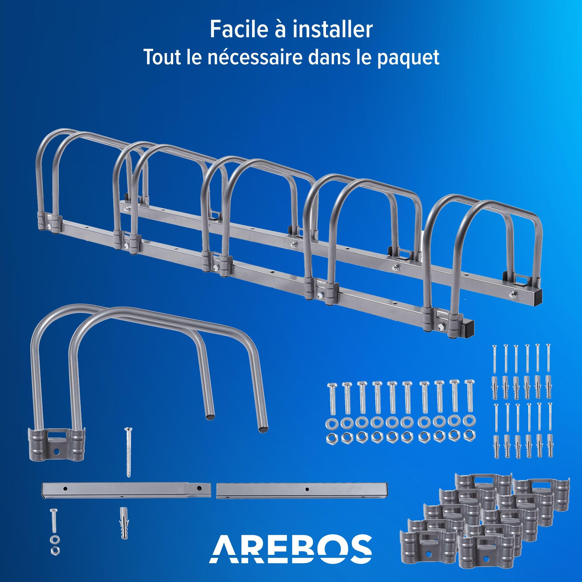 AREBOS Support à Vélos pour 5 Vélos | Écartement des Roues 21 cm | Pour Pneus 35-60 mm | Dimensions 130×30×26 cm | Montage Sol ou Mur | Support Métallique Argenté