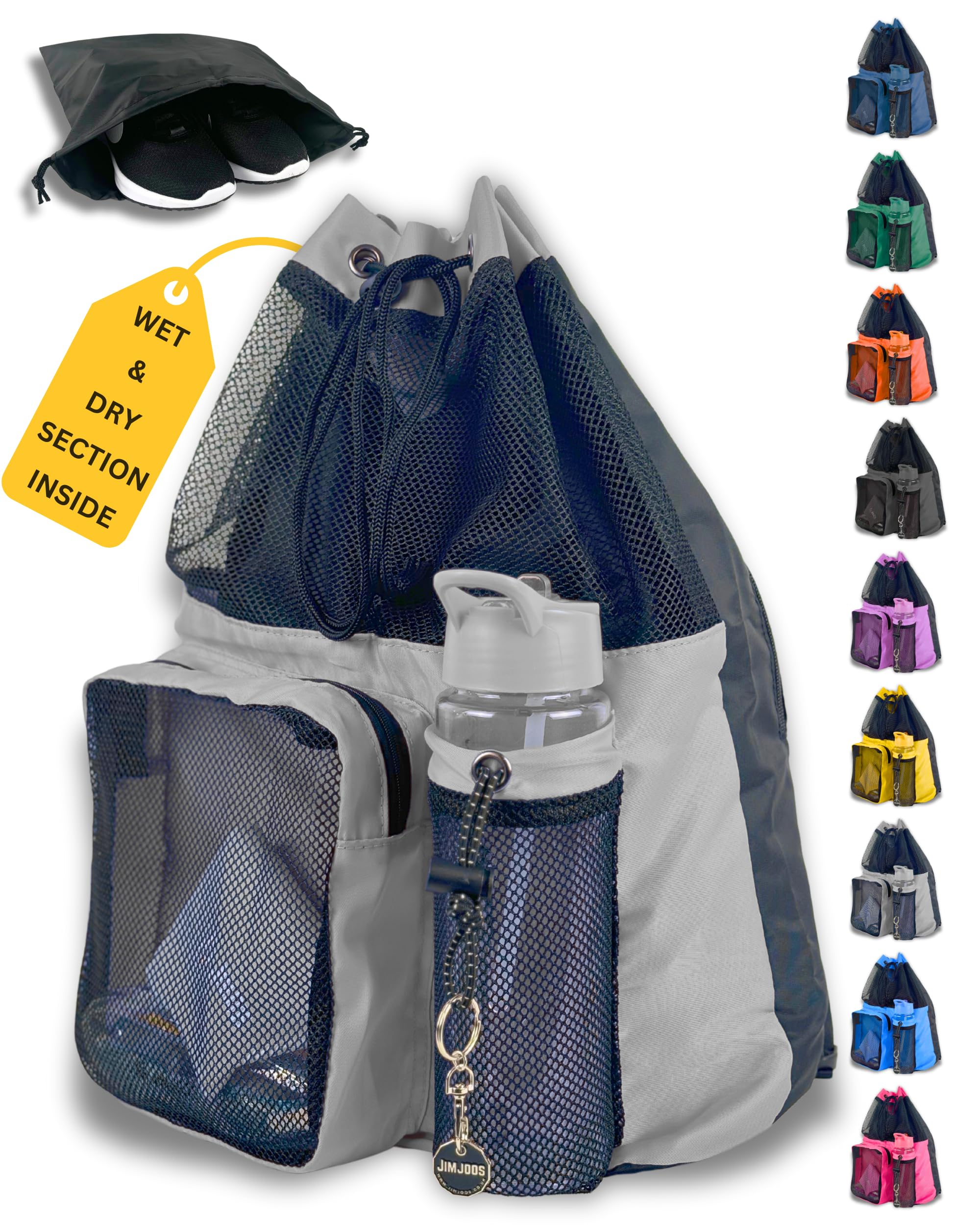 JIMJOOS Drawstring Mesh Swimming Bag - 25L Waterproof Swim Bag with Wet/Dry Compartment, Multifunctional Sports Backpack for Kids, Adults, Swimming, Surfing, Beach, Gym (Grey)