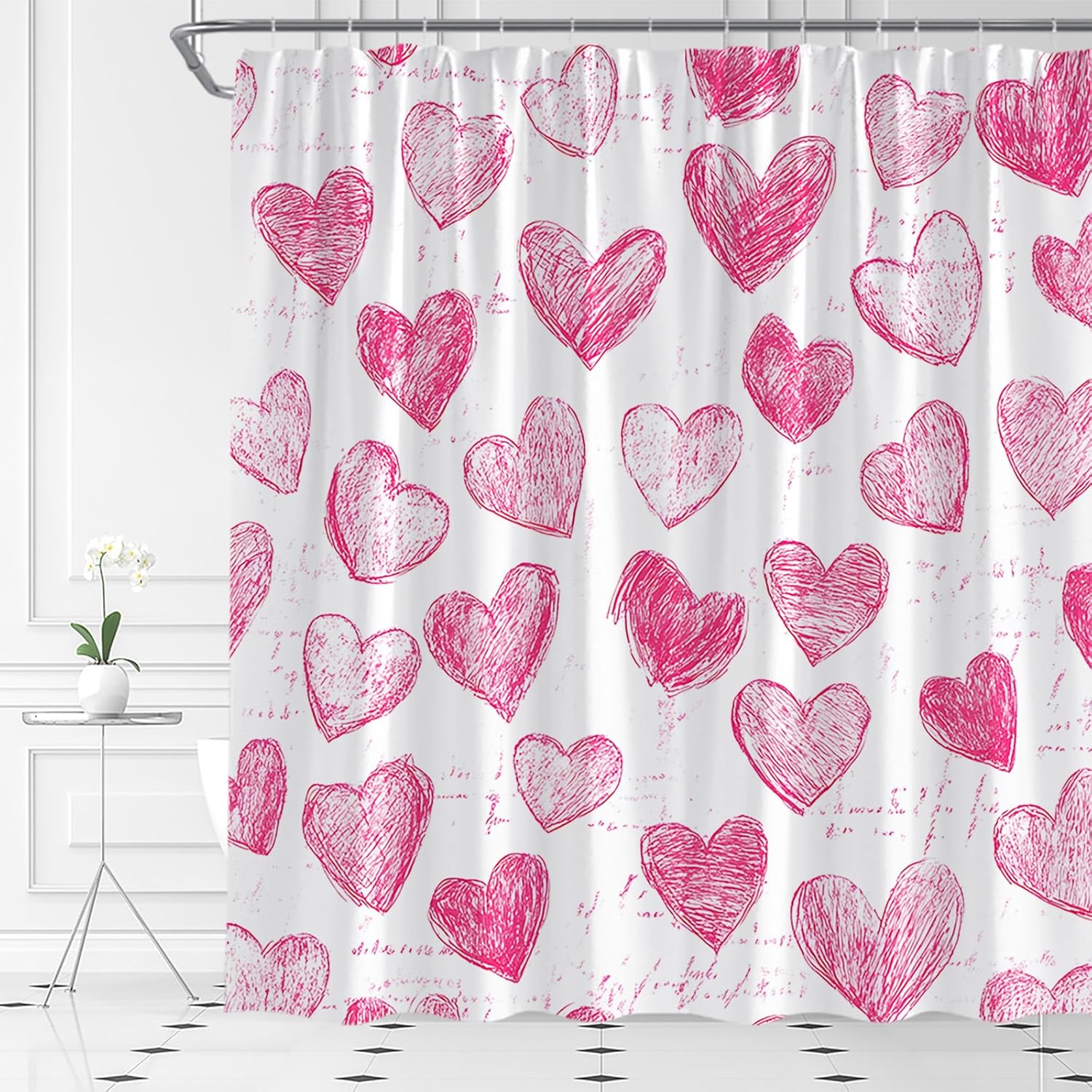 Valentine's Day Shower Curtain Romantic Love Pink Hearts Sketch Watercolor Holiday Fabric Bathroom Decor Set with Hooks(84" Wx70 H)