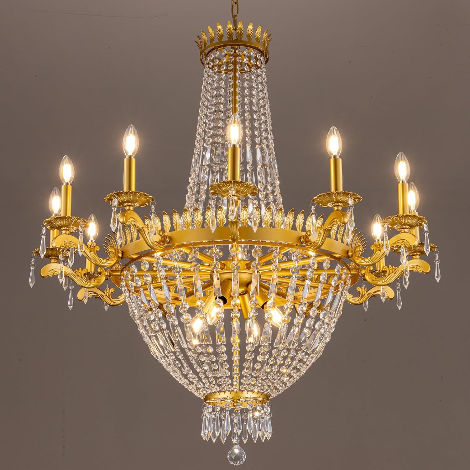 Wellmet 12 Lights Gold French Empire Crystal Chandelier, Modern Farmhouse Luxury Pendant Lighting Fixture for Living Room, Dining Room, Kitchen Island, Hallway, Foyer, Entryway, Lobby, 37"Dia x 87"H
