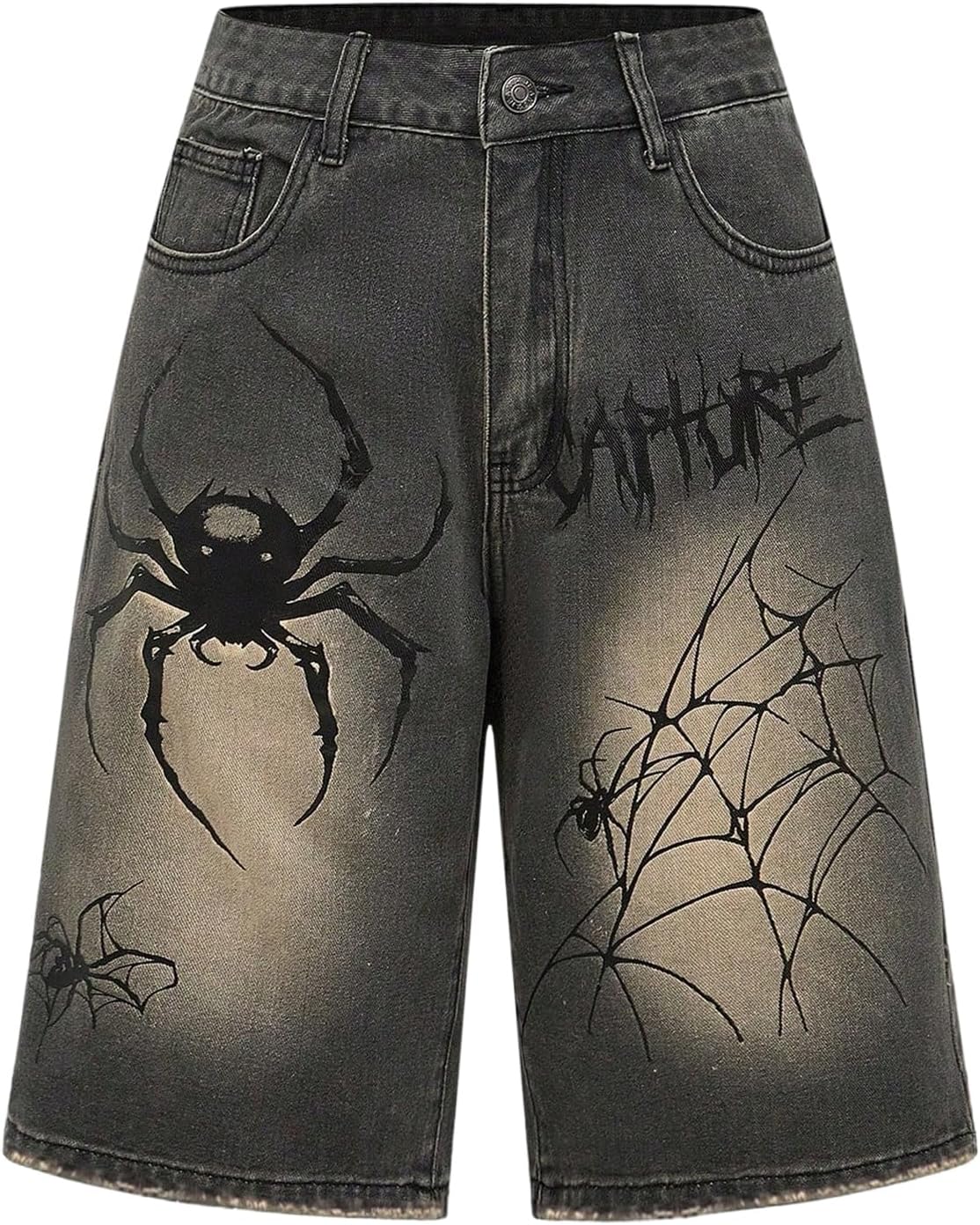 WDIRARA Women's Plus Size Spiderweb Graphic Jean Shorts High Waisted Bermuda Denim Shorts Goth Jorts Streetwear