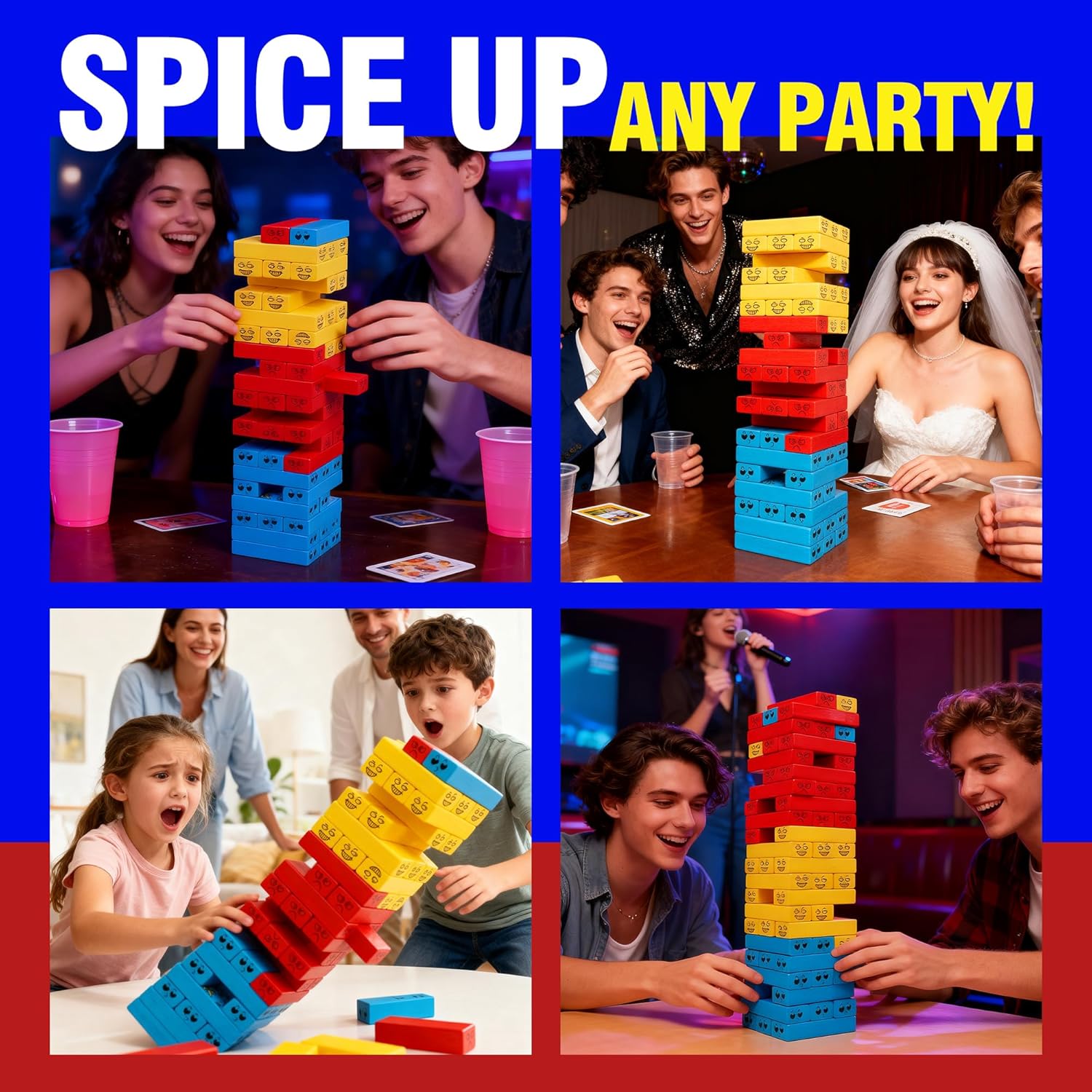 Tumble Tower Blocks Party Game,121PC Wooden Stacking Game,60 Blocks,60 Cards,1 Dice,Thousands of Hilarious Combos,Classic Tower Stack Games for Family Night Party Wood Block Games with Storage Bag